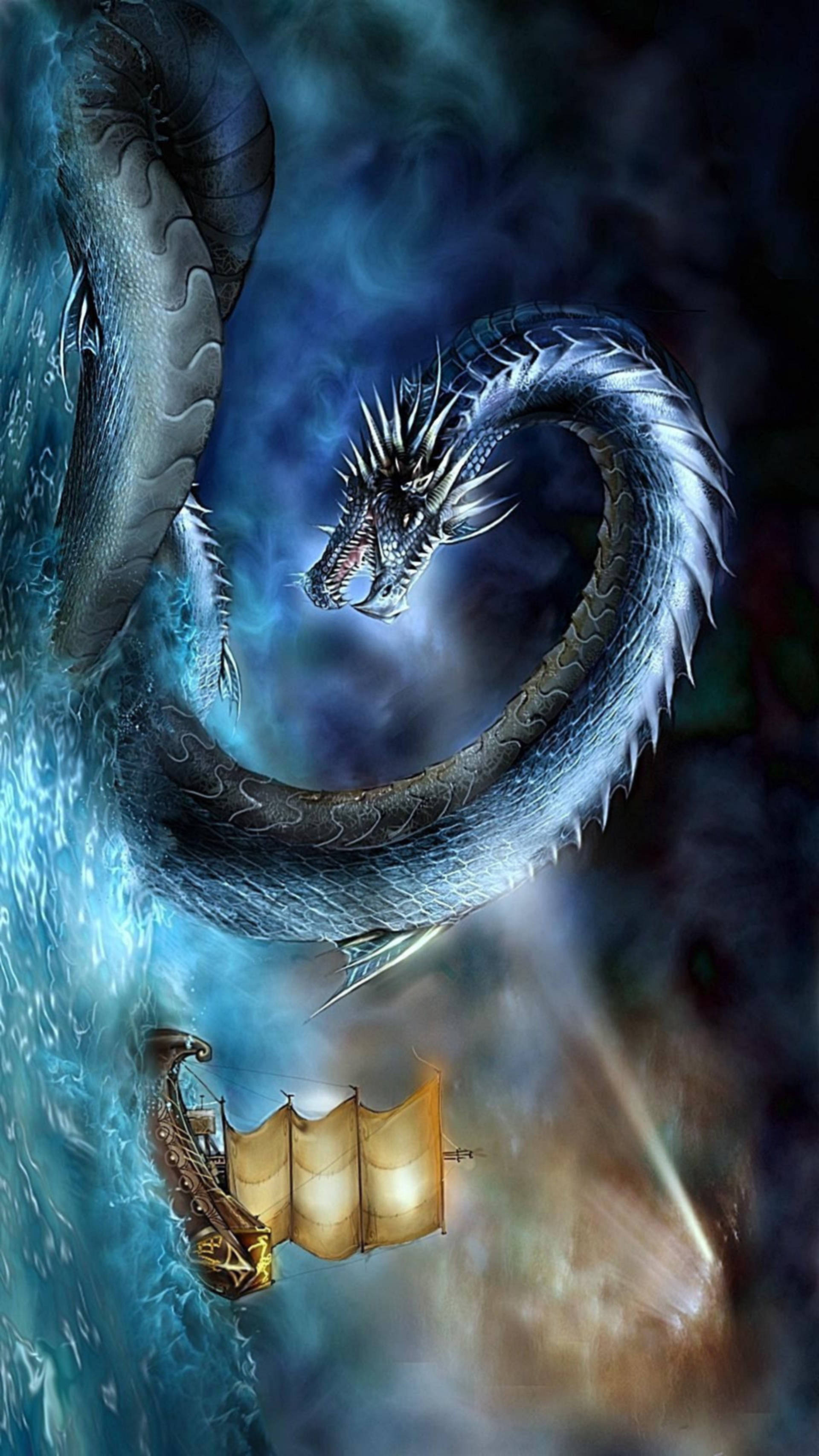 Eastern Dragon, blue dragon, stormy ocean waters, 2K Phone Wallpaper