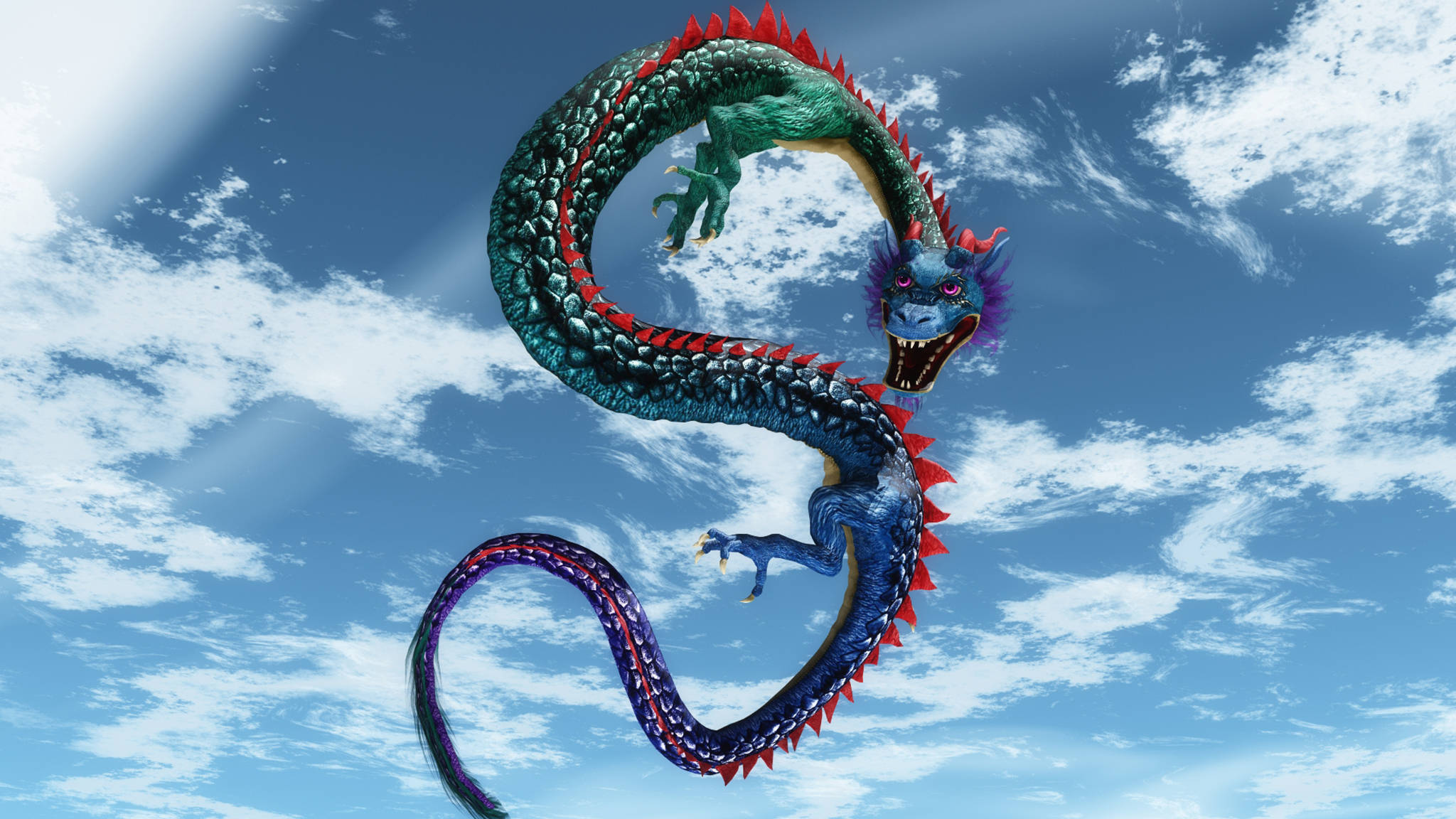 Eastern Dragon, blue and green dragon, red spikes, Full HD Desktop Wallpaper
