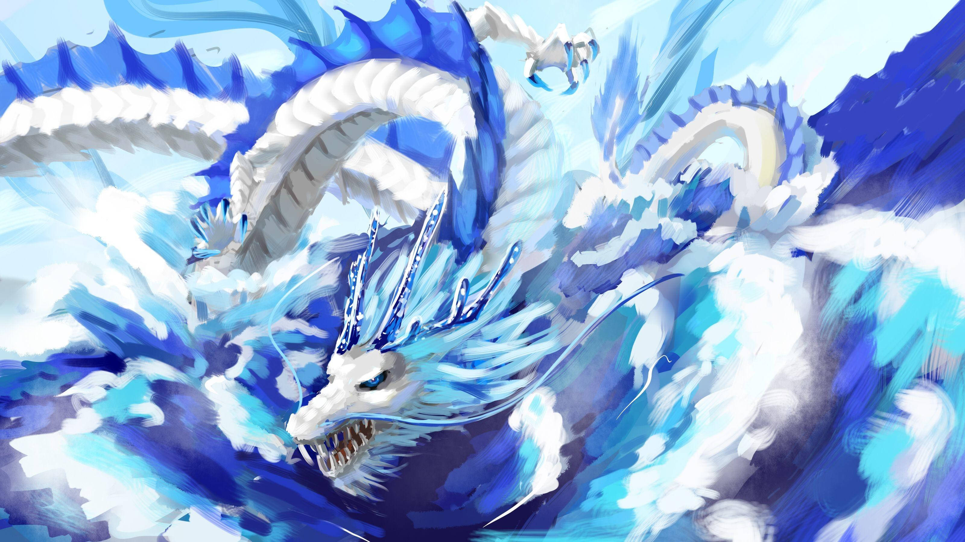 anime blue eastern dragon, white and blue dragon, icy spikes, 2K Desktop Wallpaper