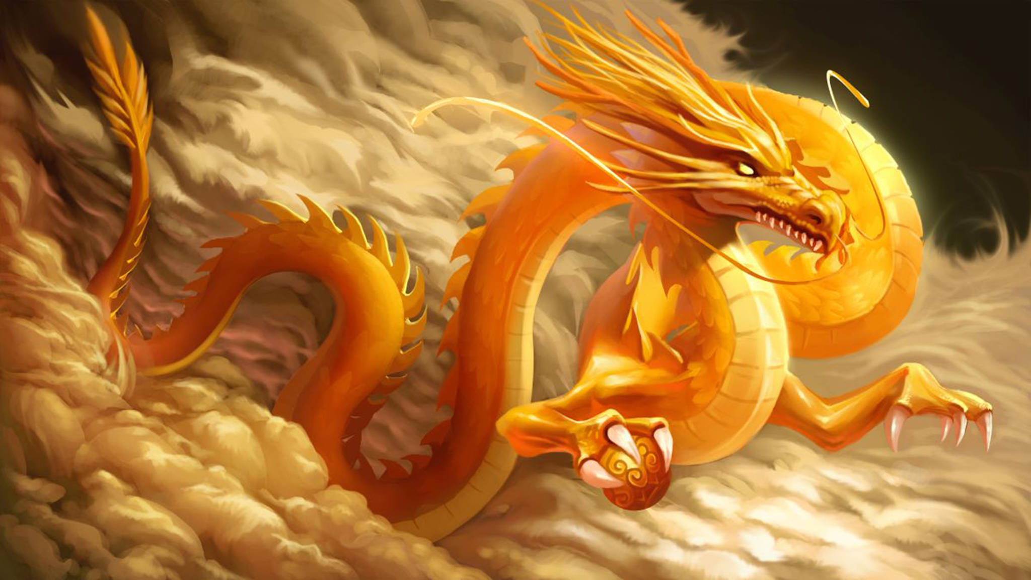 Gold Eastern Dragon, golden dragon, fiery orange scales, Full HD Desktop Wallpaper