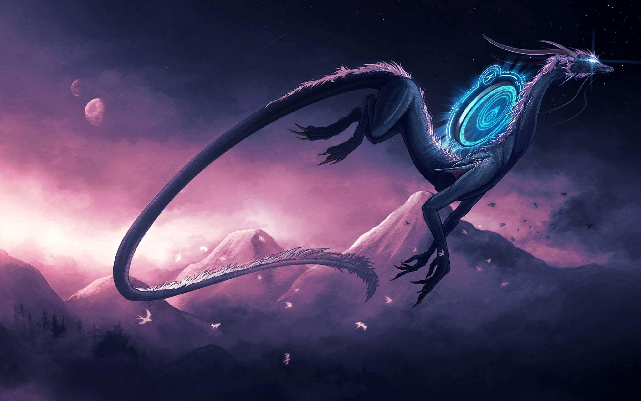 Galaxy Eastern Dragon, glowing blue dragon, purple mountains, Full HD Desktop Wallpaper