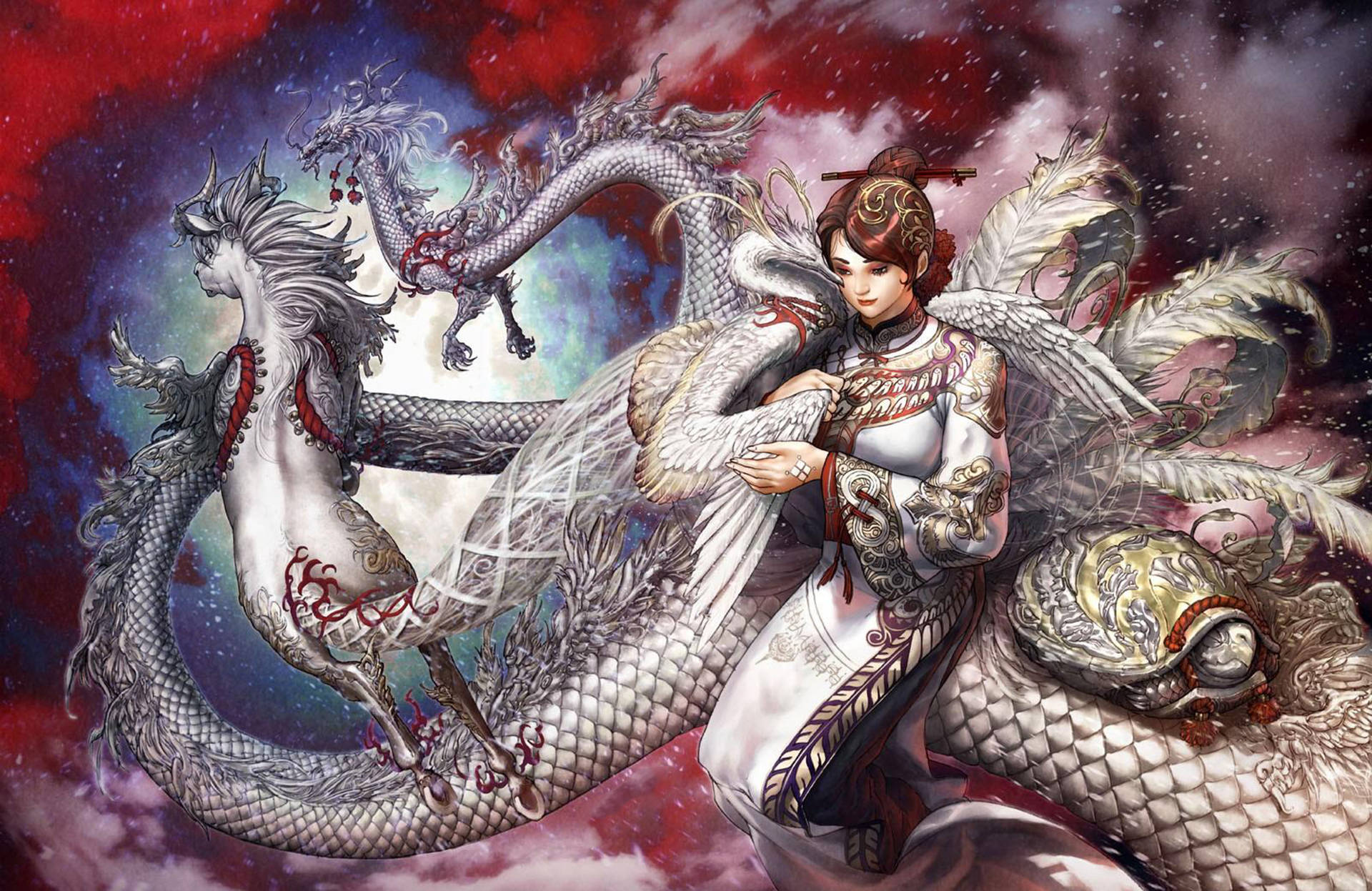 Eastern Dragon, Chinese maiden, angelic wings, Full HD Desktop Wallpaper