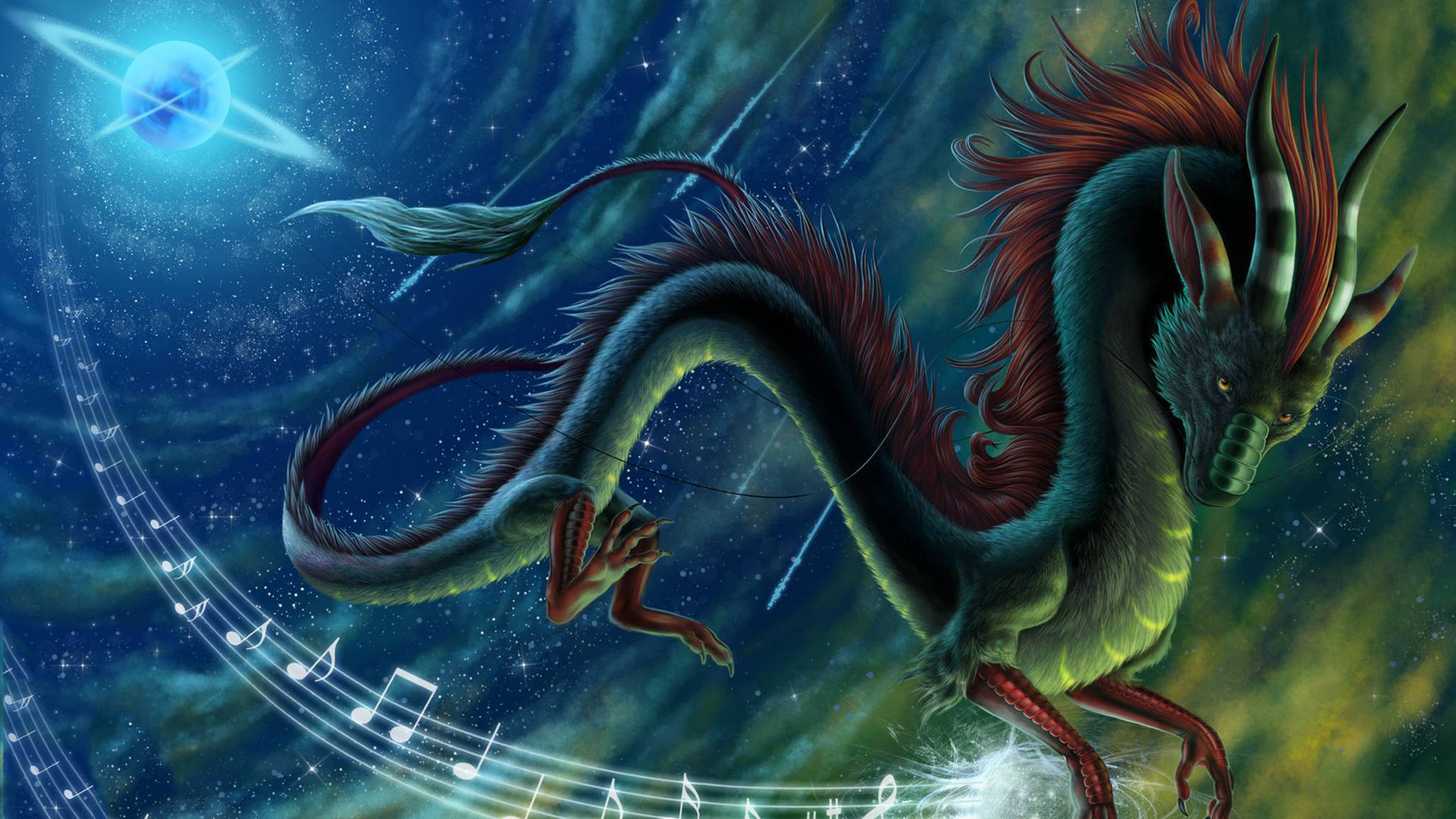 Musical Eastern Dragon, green dragon, red mane, Full HD Desktop Wallpaper