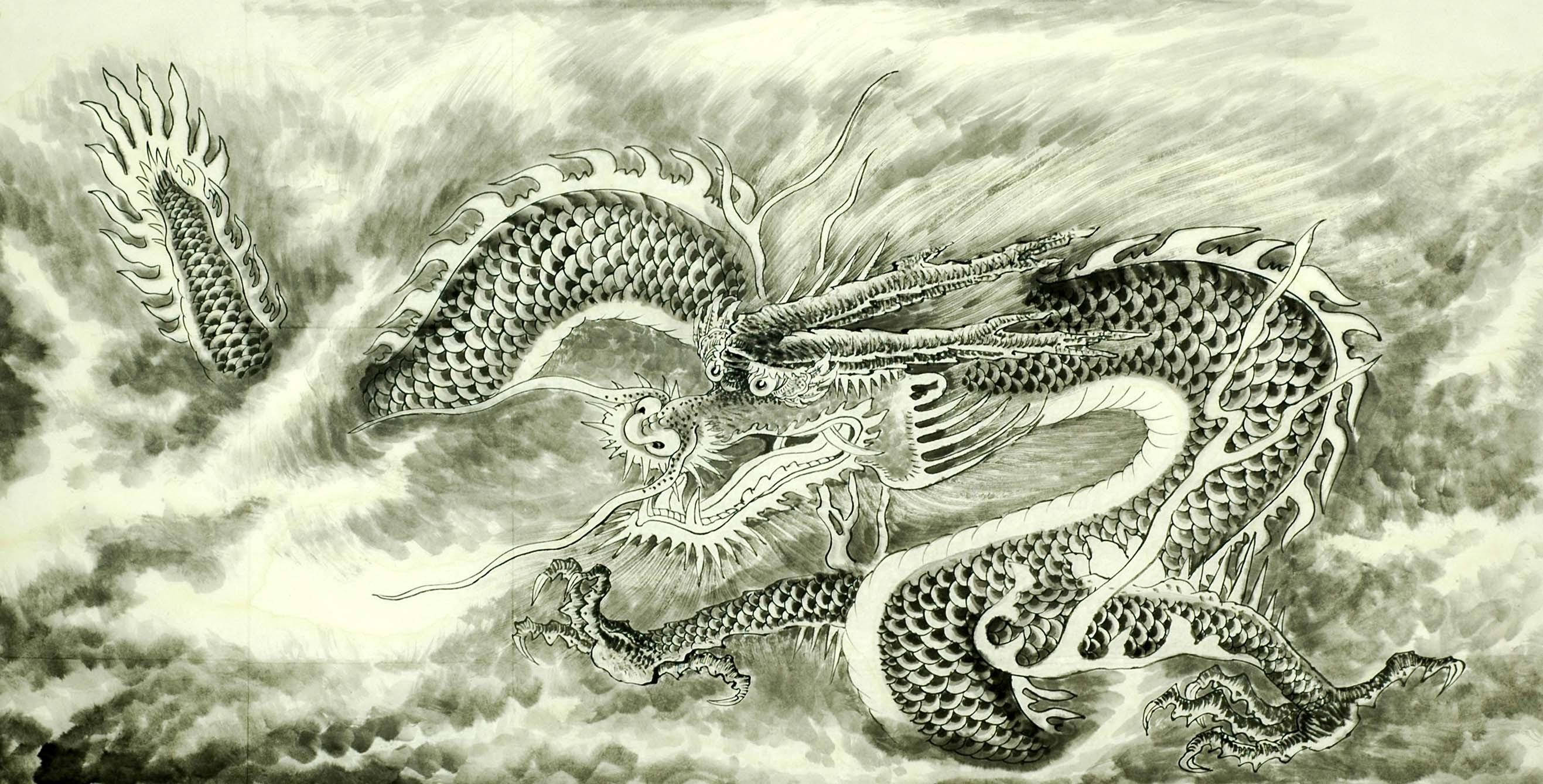 Chinese Painting, Eastern Dragon, ink-drawn, 2K Desktop Wallpaper