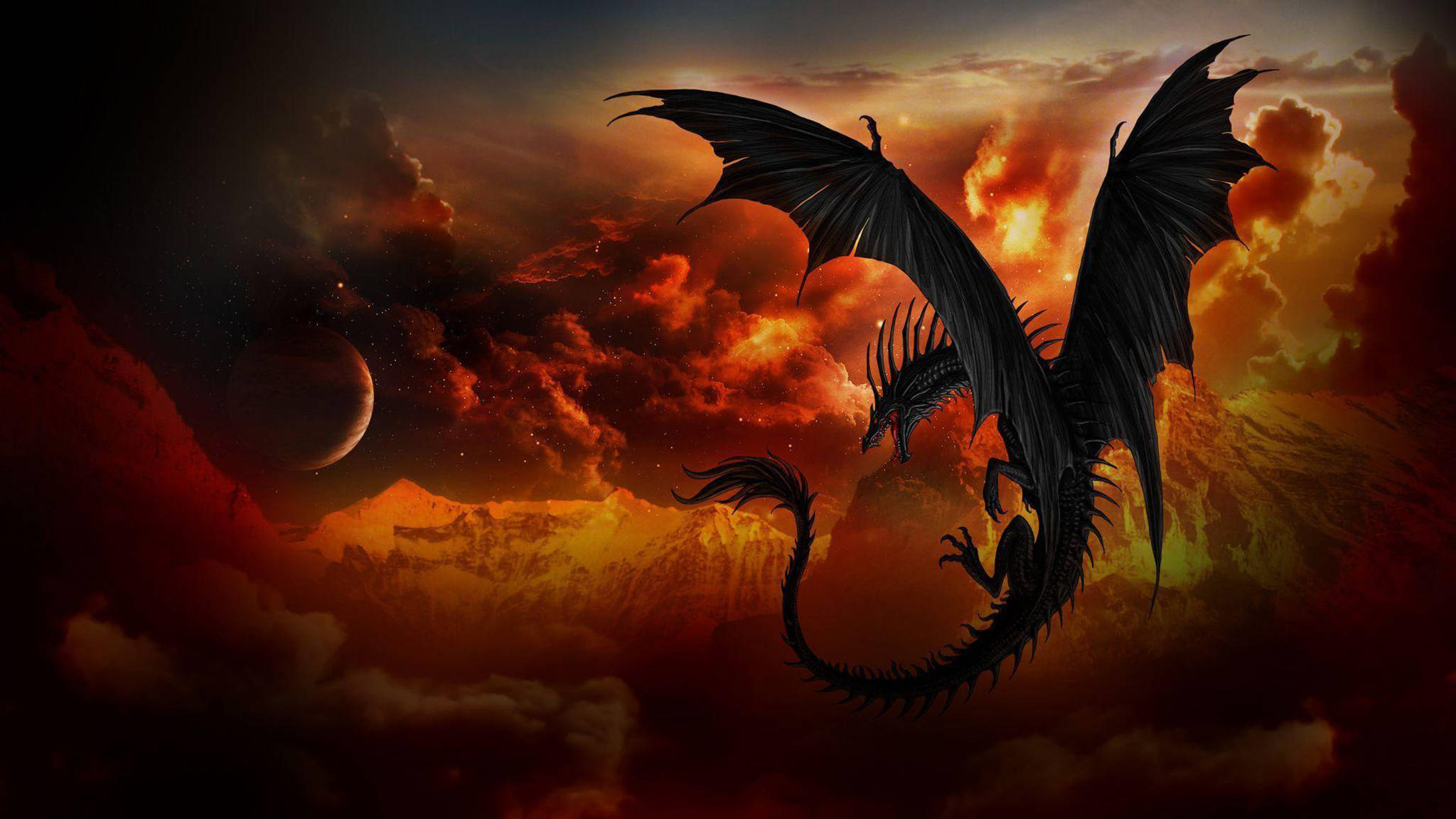Eastern Dragon, fiery sunset, dramatic clouds, Full HD Desktop Wallpaper