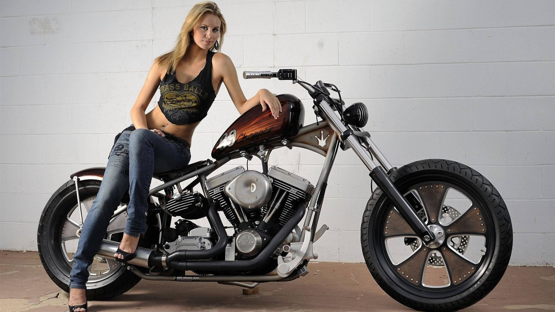 classic motorcycle, custom chopper motorcycle, blonde woman, Full HD Desktop Wallpaper