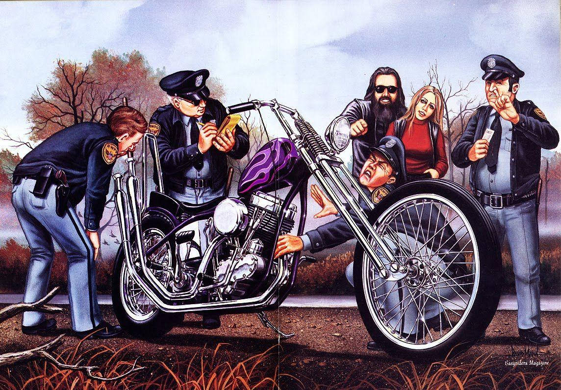 Easy Rider, purple chopper motorcycle, police officers, SD Desktop Wallpaper