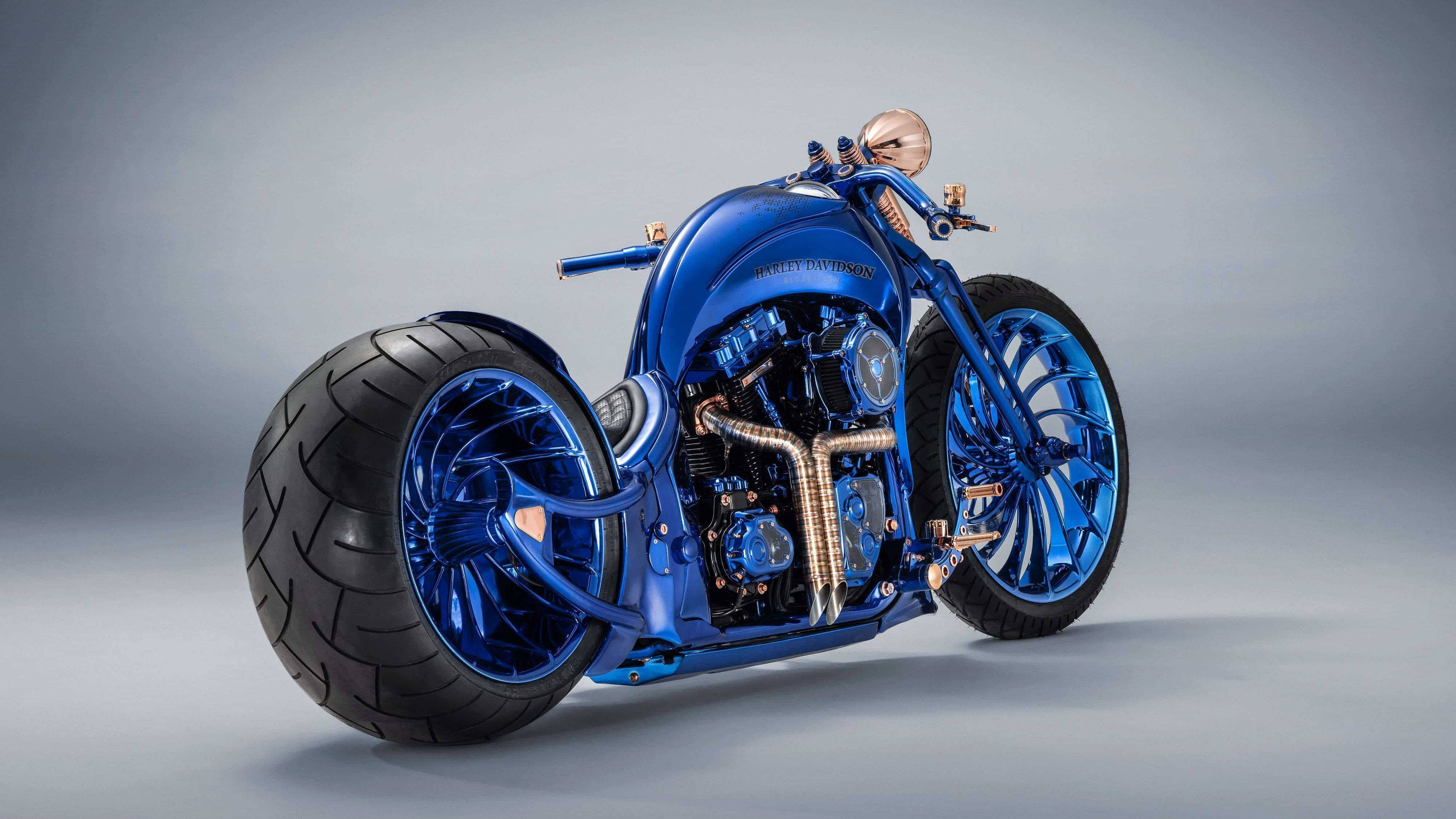 Easy Rider, blue chopper motorcycle, gold accents, 4K Desktop Wallpaper