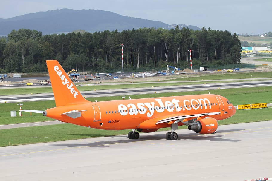 orange easyJet, runway, green fields, SD Desktop Wallpaper