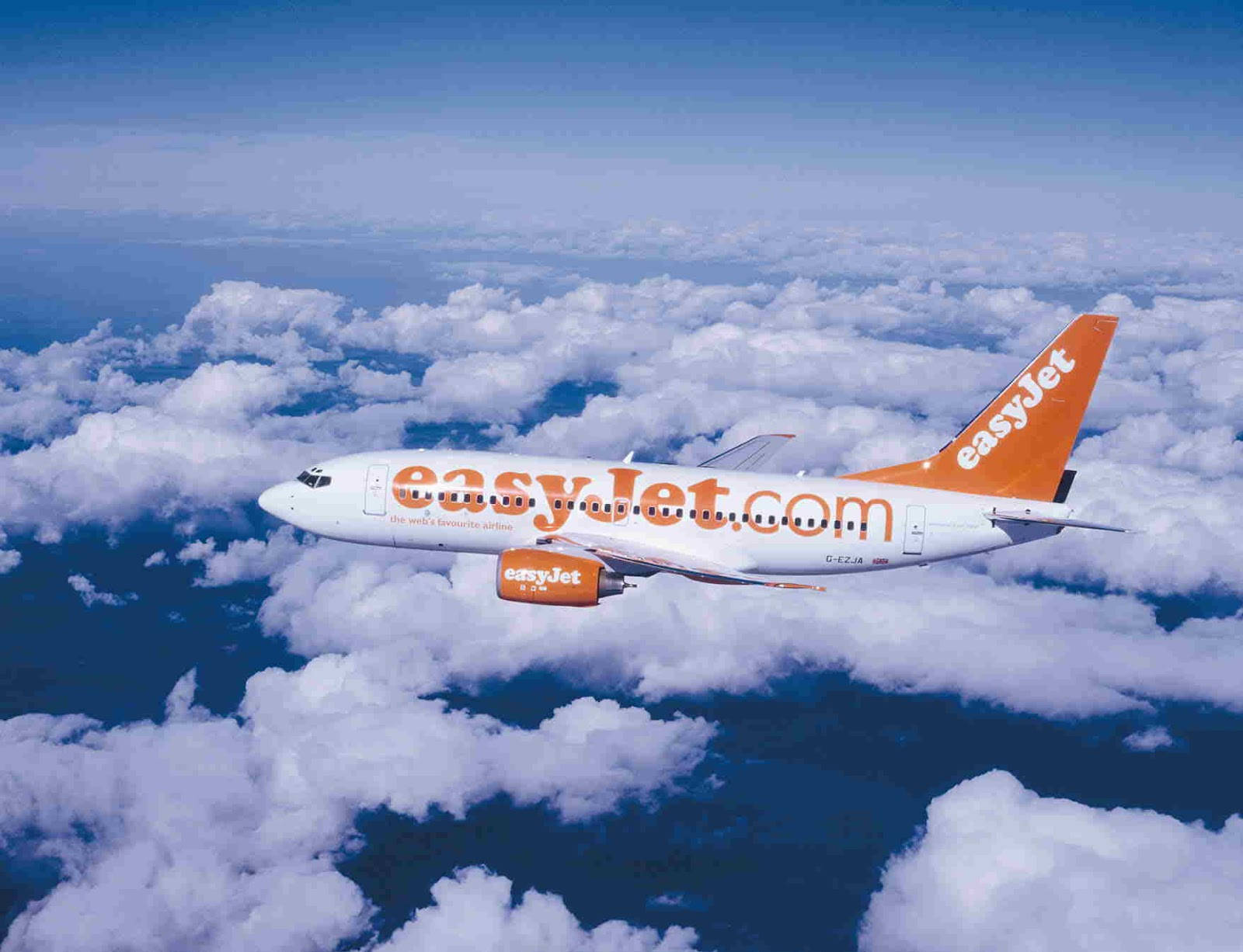 EasyJet, orange aircraft, fluffy white clouds, HD Desktop Wallpaper