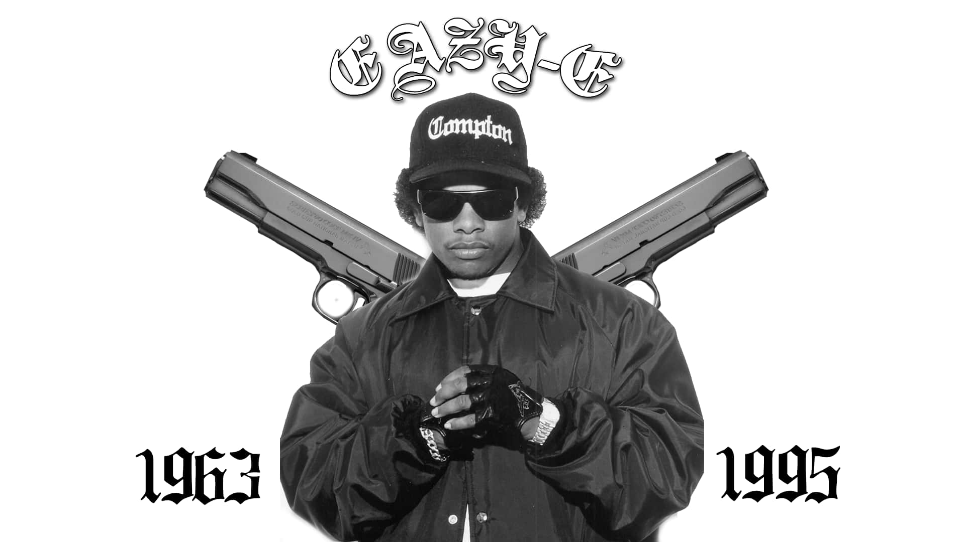 Eazy E, black and white portrait, crossed pistols, Full HD Desktop Wallpaper