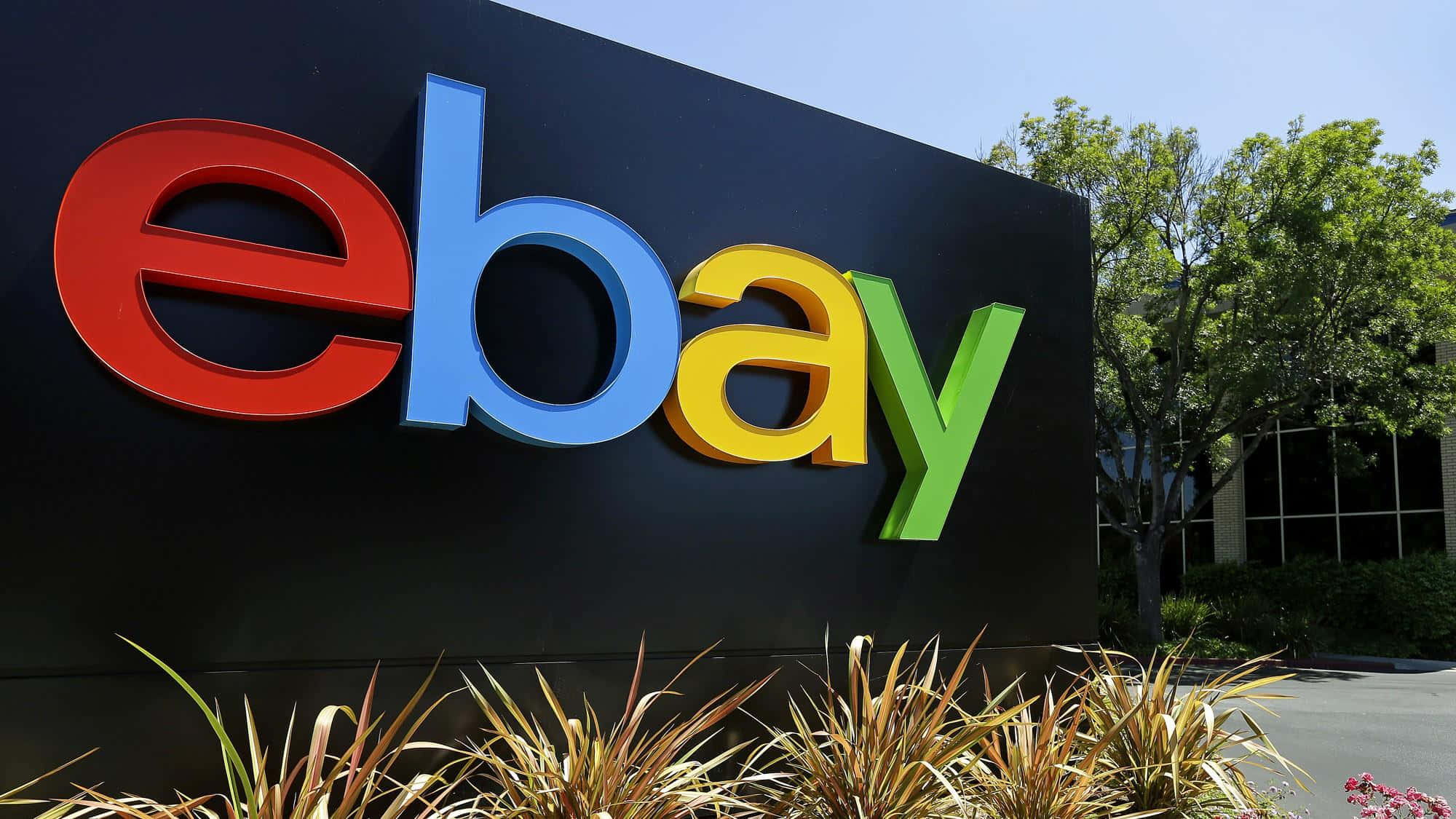 eBay UK Sign, clear blue sky, green trees, Full HD Desktop Wallpaper