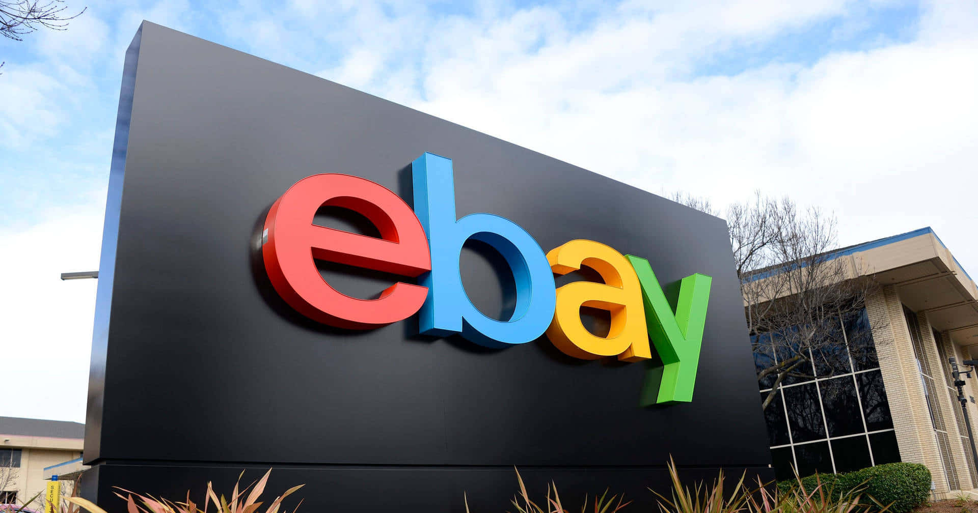 eBay UK Logo Sign, colorful eBay logo, partly cloudy sky, Full HD Desktop Wallpaper