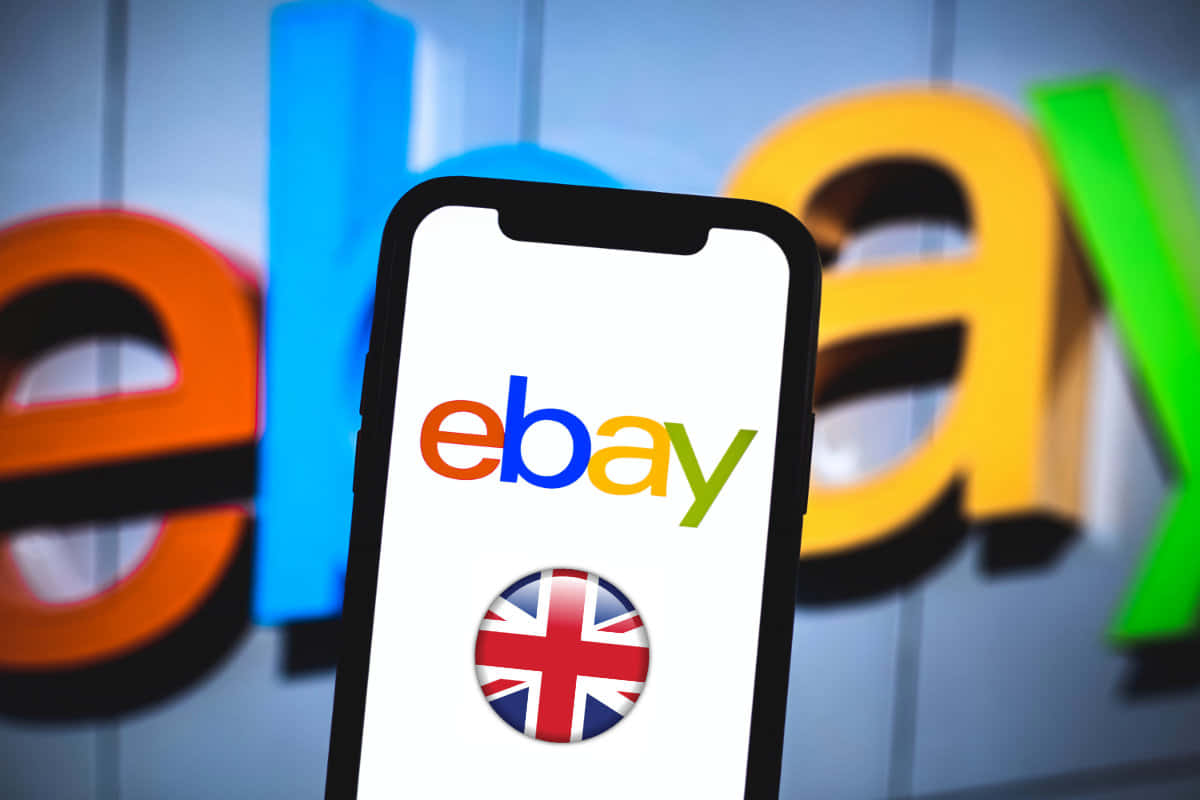 eBay UK App, UK flag icon, colorful blurred eBay logo, SD Desktop Wallpaper
