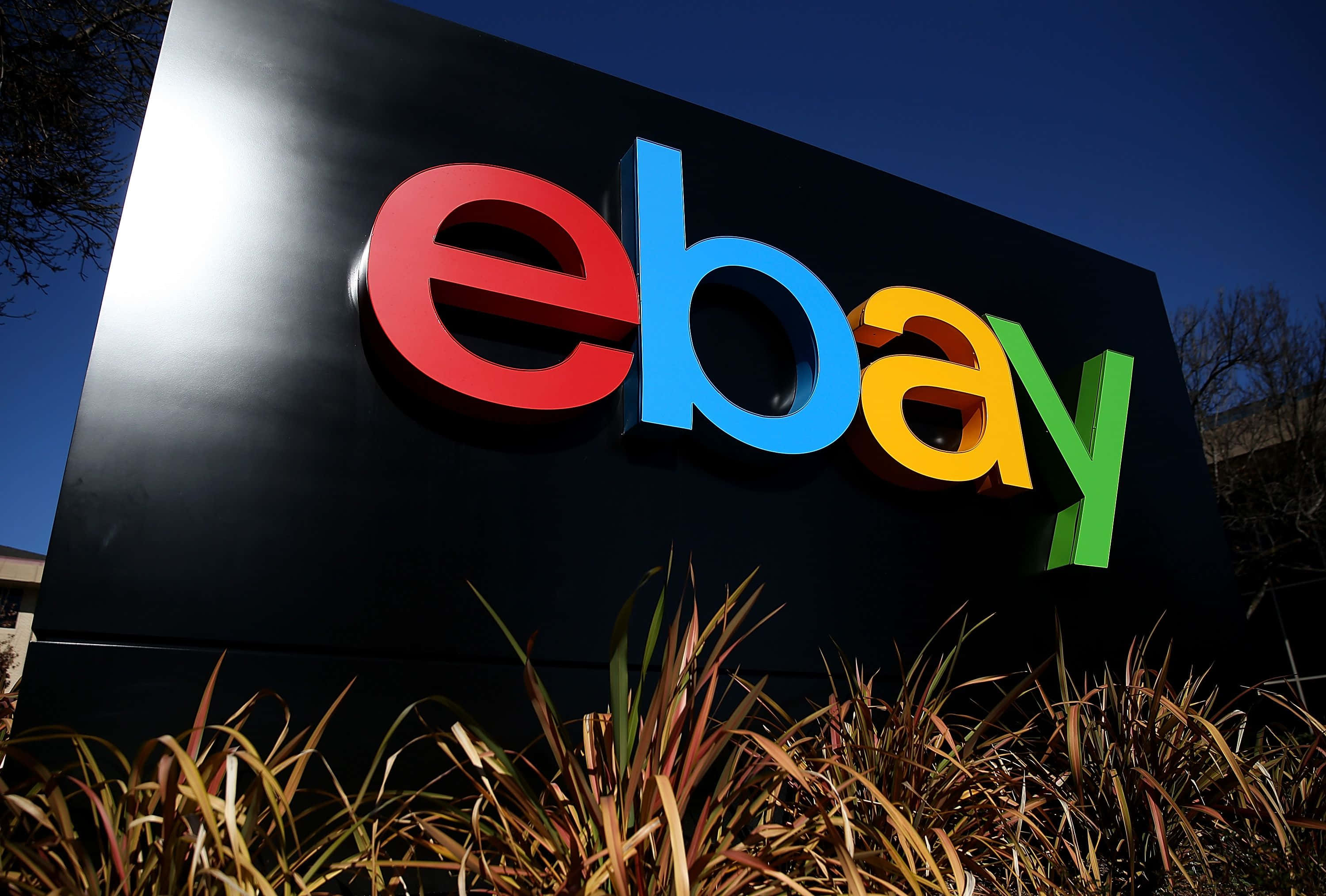 eBay UK sign, colorful eBay logo, clear blue sky, 2K Desktop Wallpaper