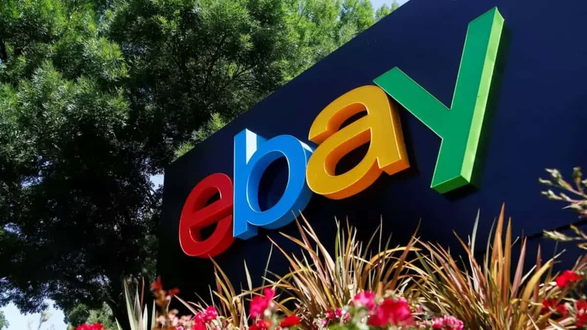 eBay UK logo, 3D eBay logo sign, green trees, SD Desktop Wallpaper