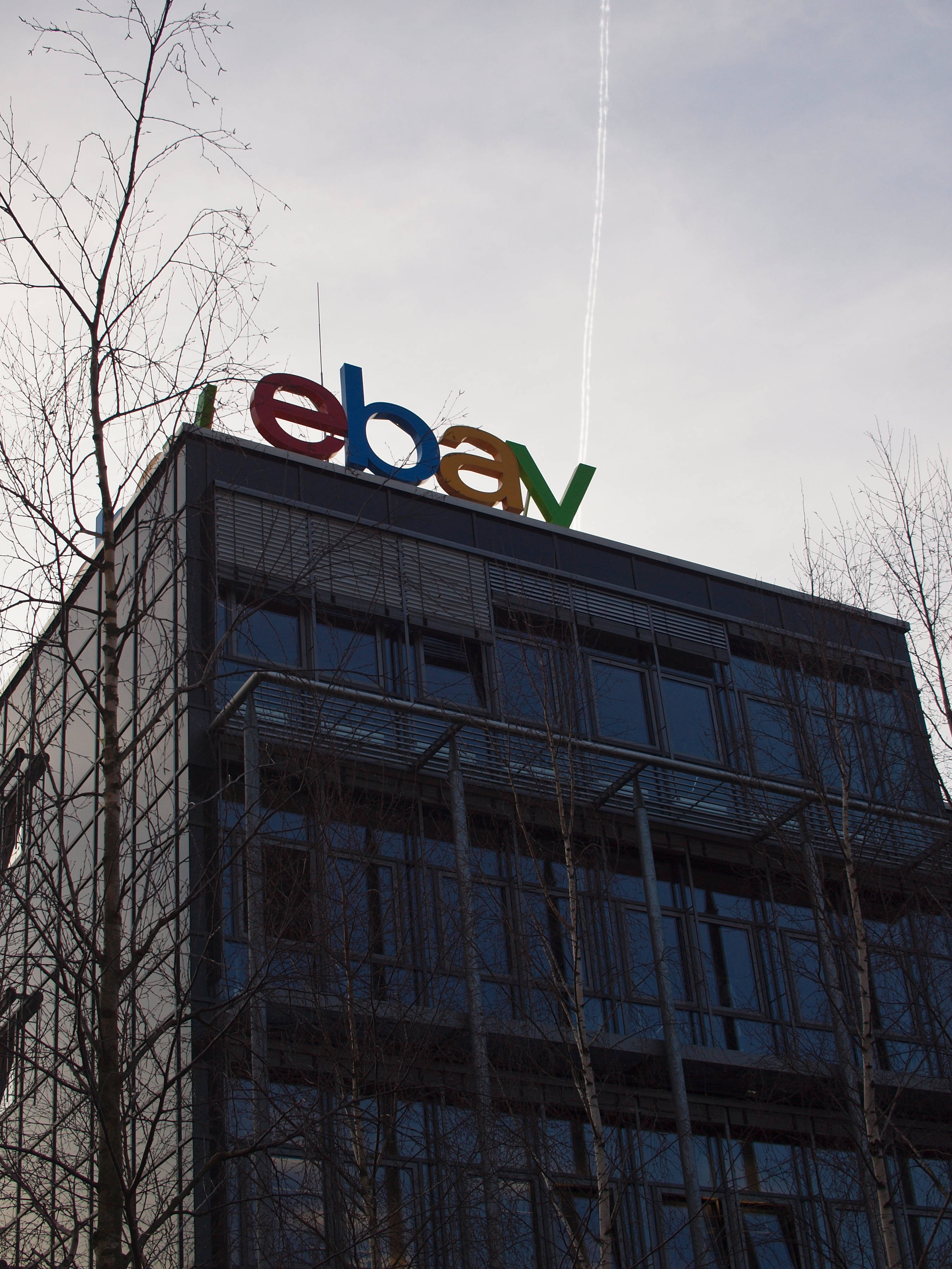 eBay logo, tall building, modern glass building, 2K Phone Wallpaper