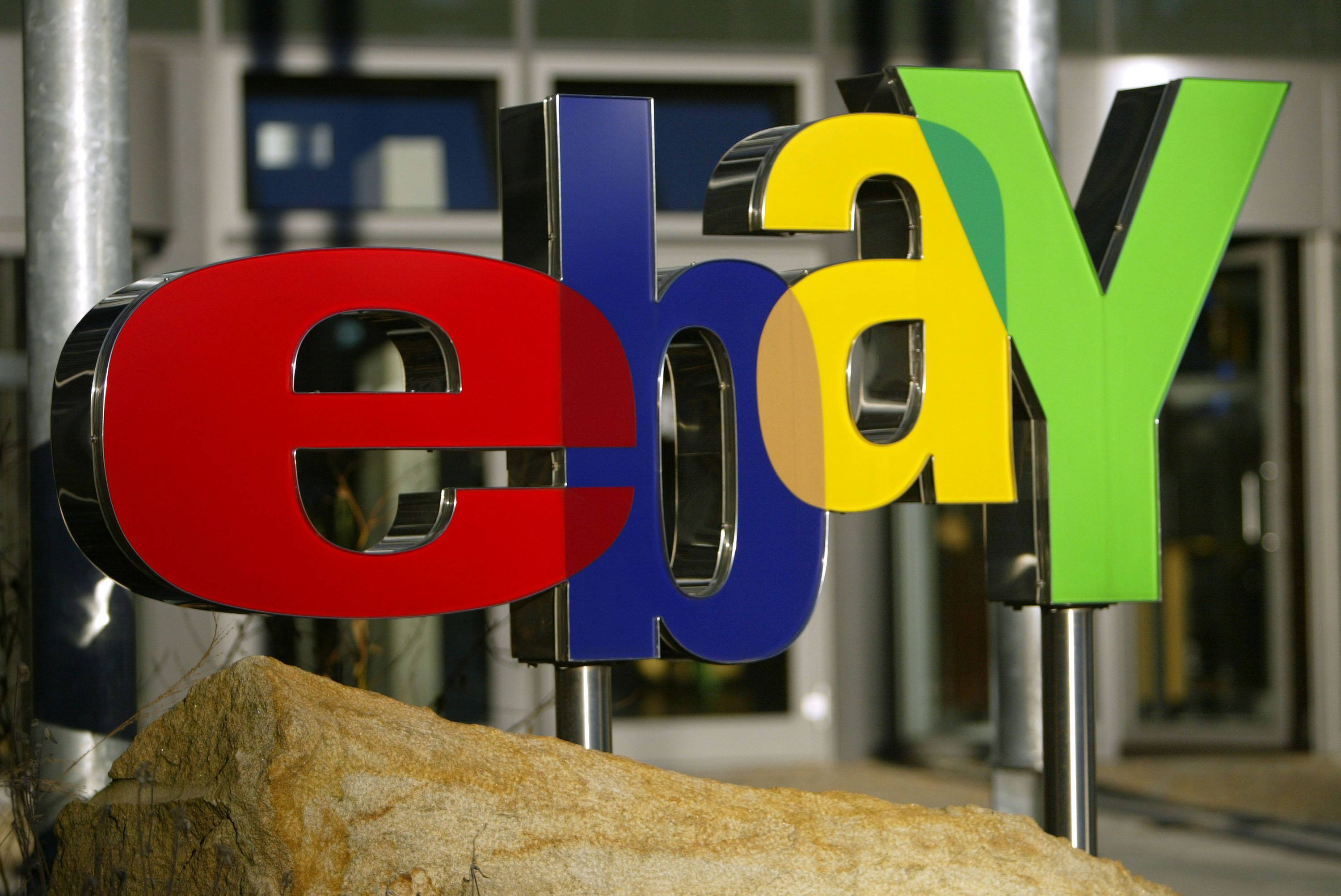 eBay logo, colorful eBay logo letters, poles, 2K Desktop Wallpaper