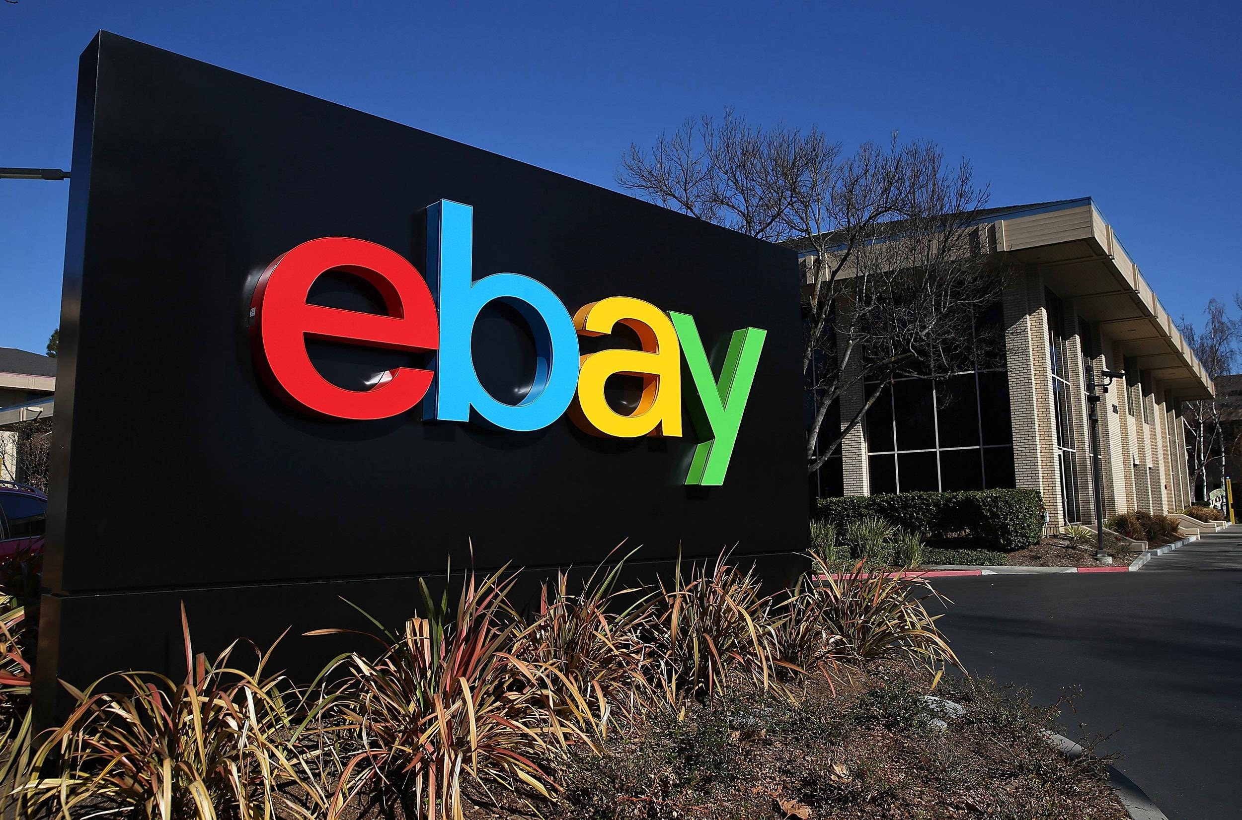 eBay, colorful eBay logo, modern office building, Full HD Desktop Wallpaper