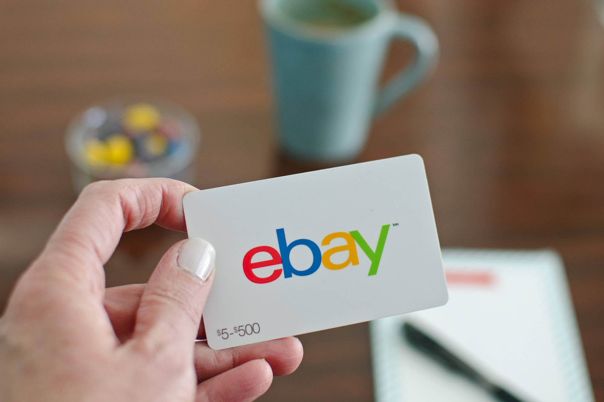 eBay gift card, $5 to $500 value, blurred wooden table, Full HD Desktop Wallpaper