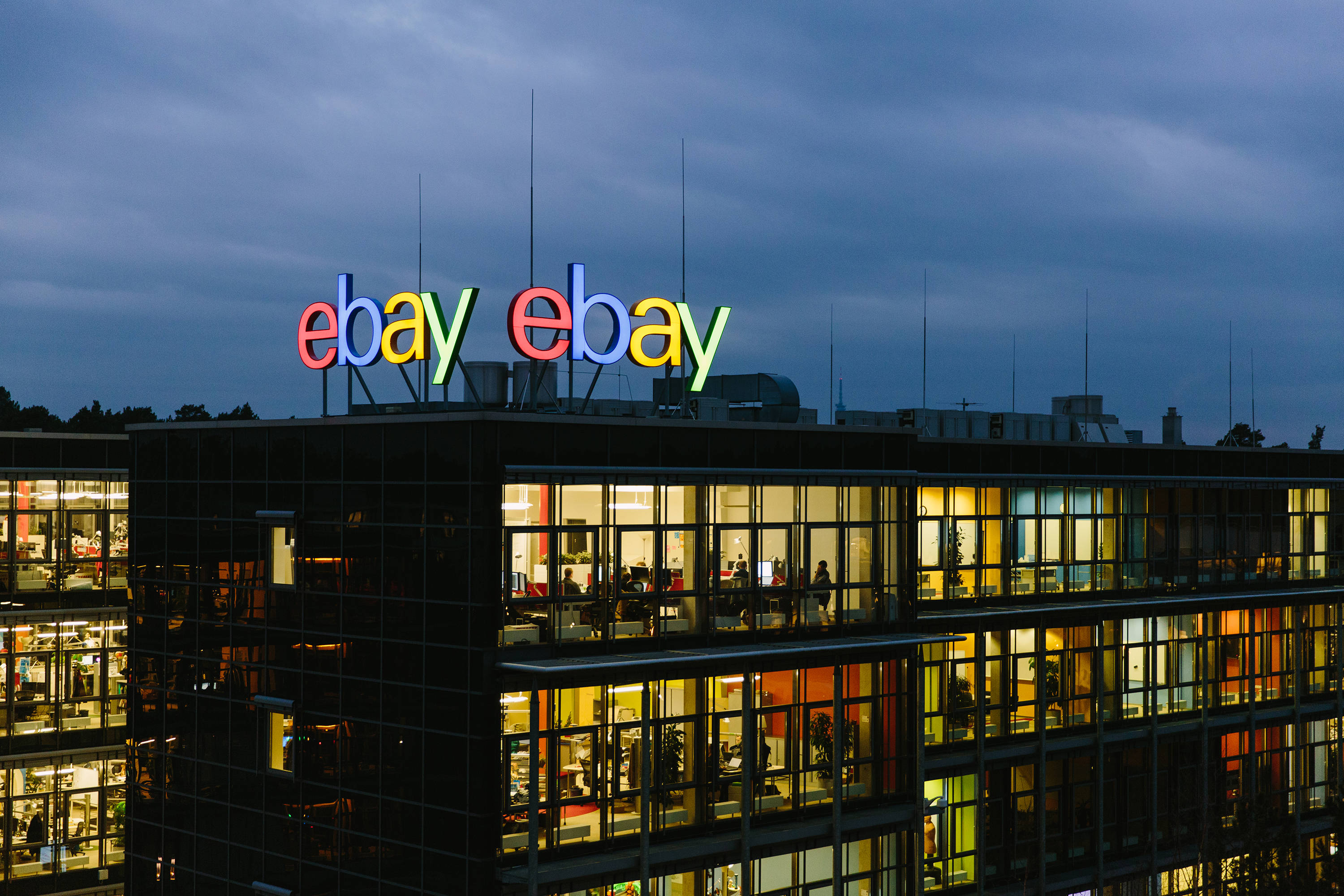 rooftop, ebay logos, modern glass office building, 2K Desktop Wallpaper
