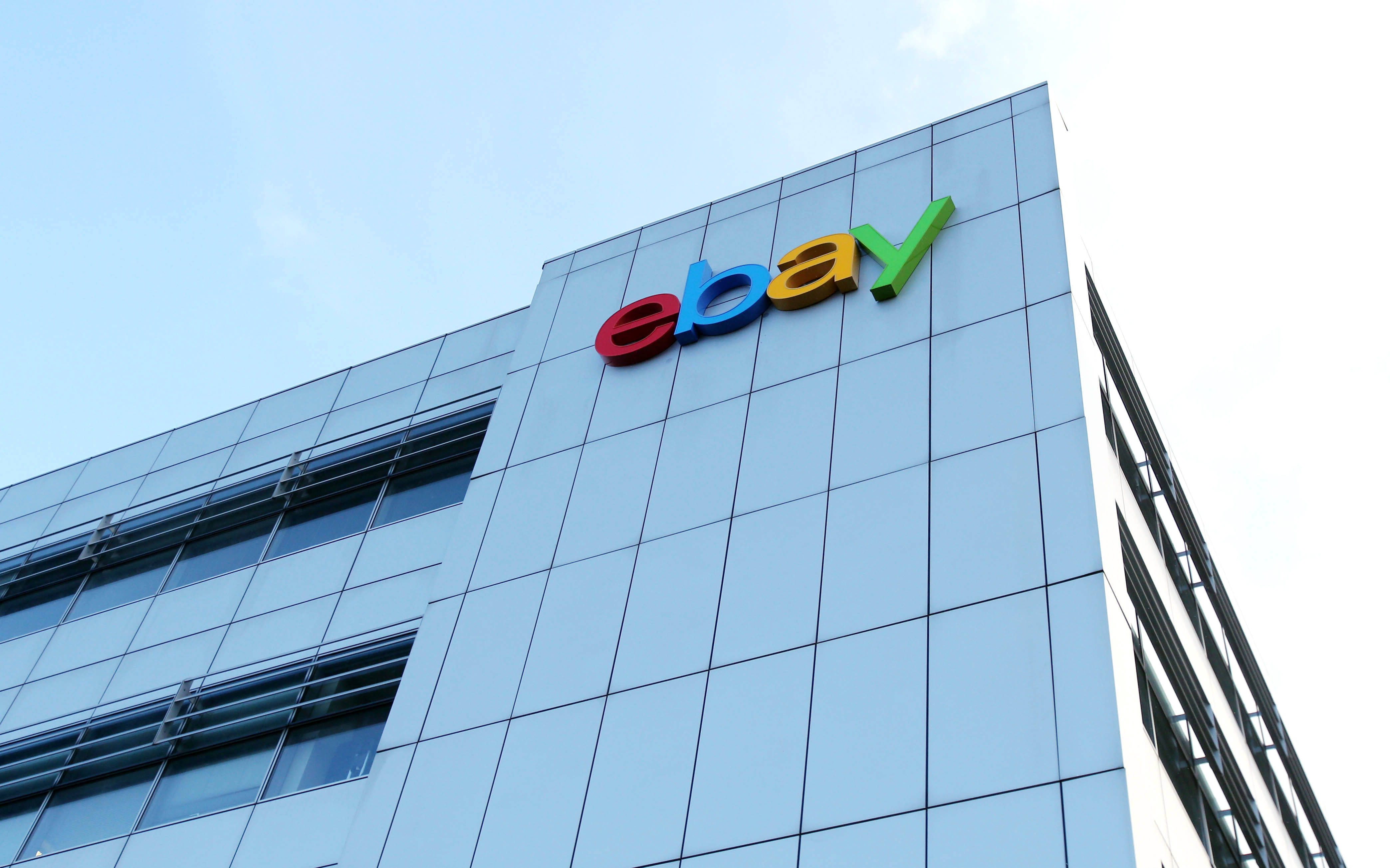 eBay, glass building, colorful eBay logo, 4K Desktop Wallpaper