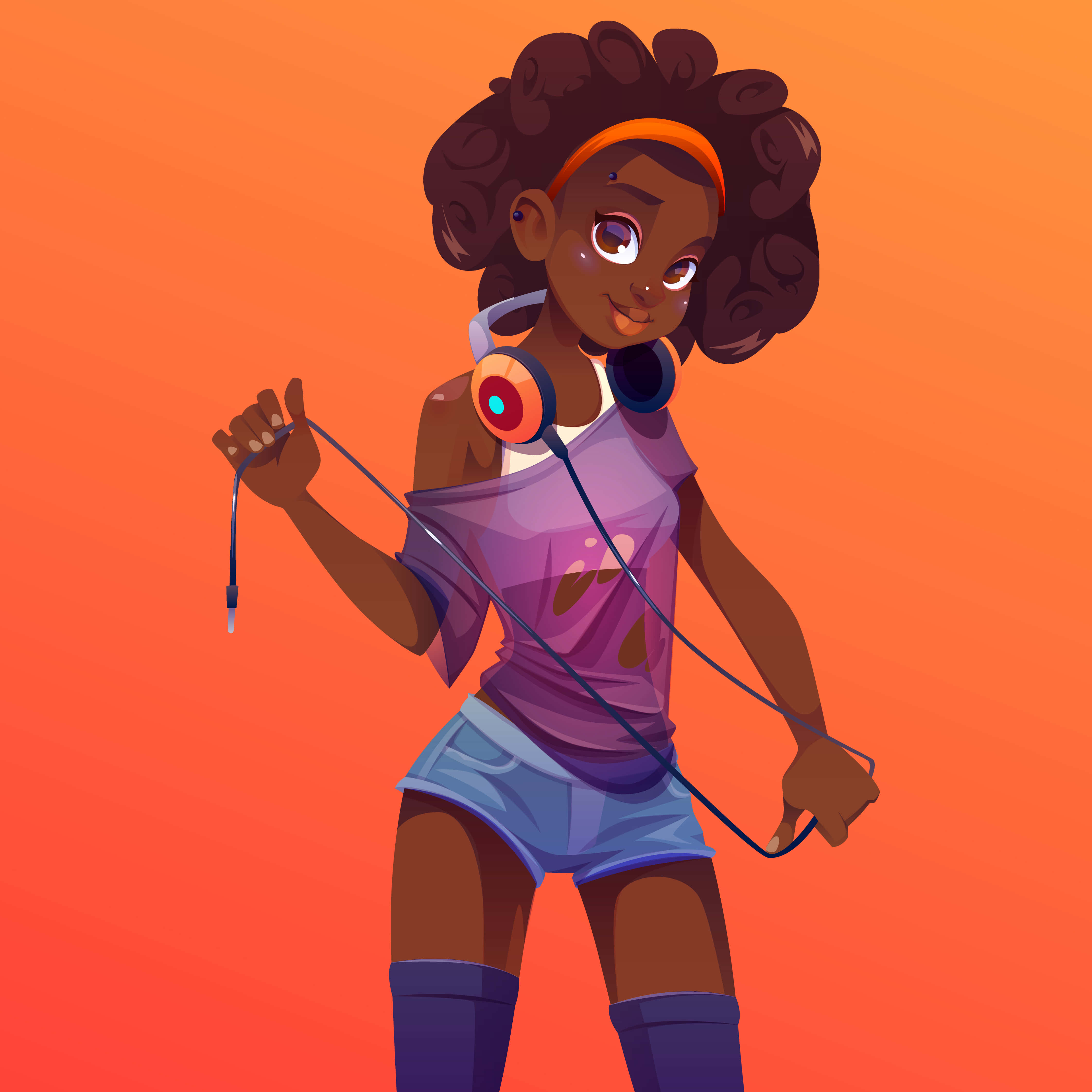 animated ebony girl, headphones, curly hair, 4K Desktop Wallpaper