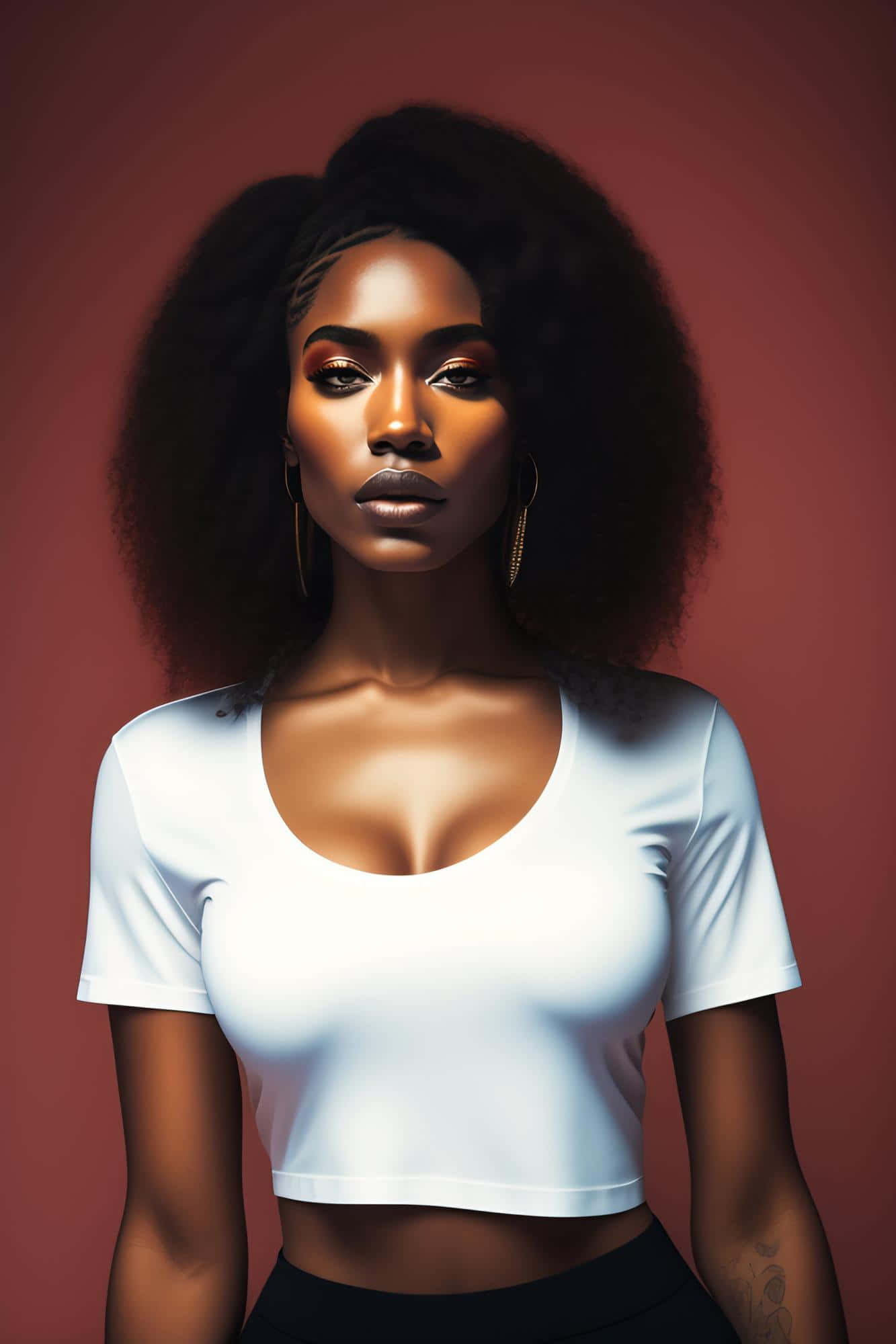 Afro hair, white crop top, deep red studio backdrop, Full HD Phone Wallpaper