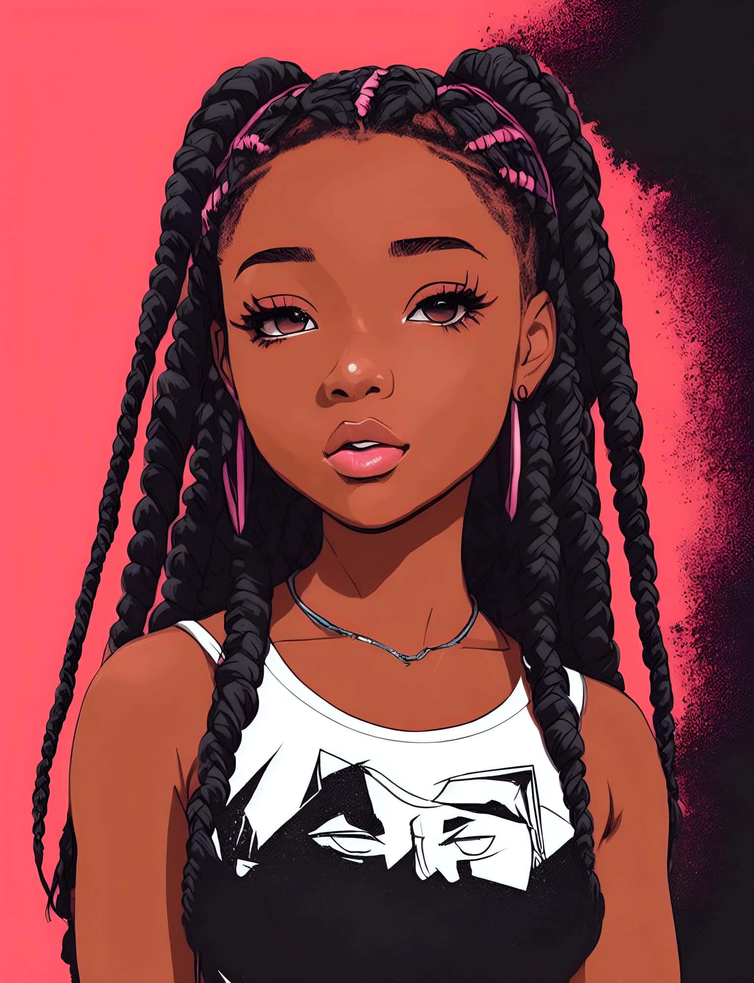 anime inspired, long black braids, pink ties, Full HD Phone Wallpaper
