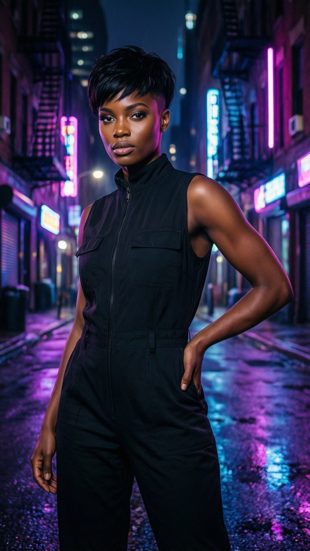 neon-lit alley, cyberpunk vibes, Black woman, Full HD Phone Wallpaper
