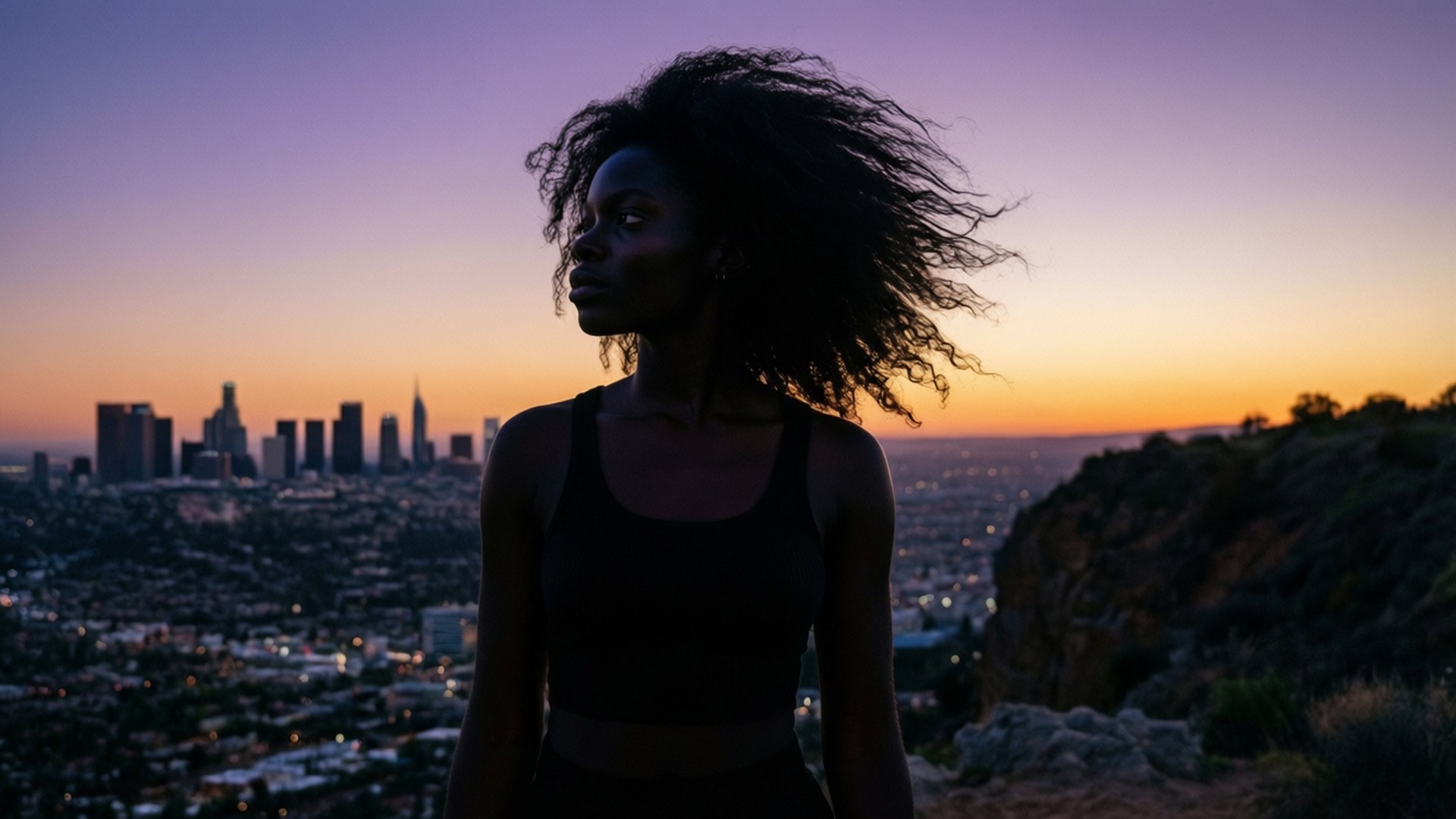 Twilight Skyline Silhouette, Black woman, colorful twilight cityscape, Full HD Desktop Wallpaper