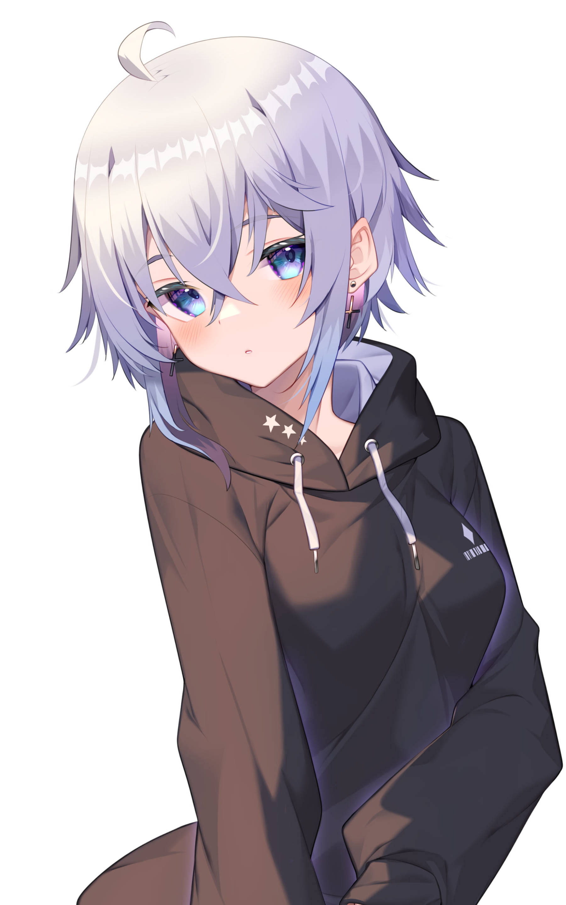 shy ecchi girl, silver hair, blue eyes, 2K Phone Wallpaper