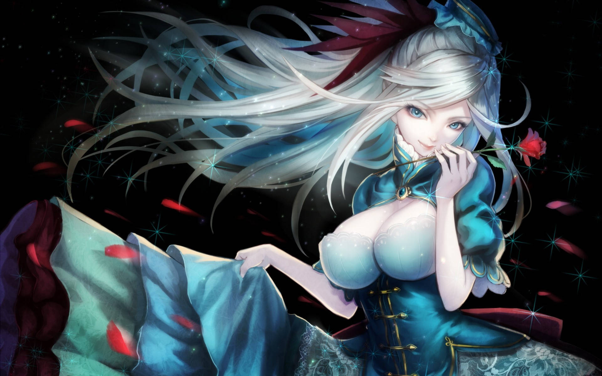 silver haired ecchi girl, blue dress, red rose, Full HD Desktop Wallpaper
