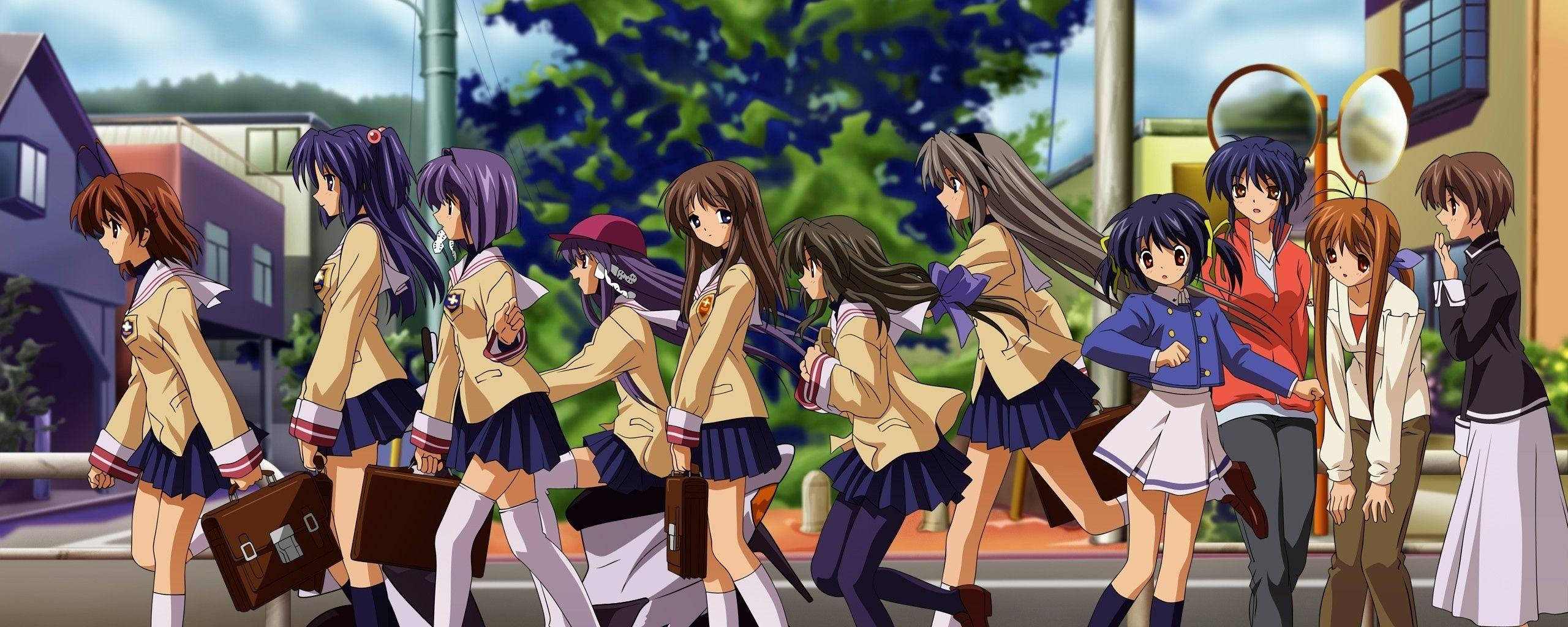anime girls, school uniforms, suburban street, 2K Desktop Wallpaper