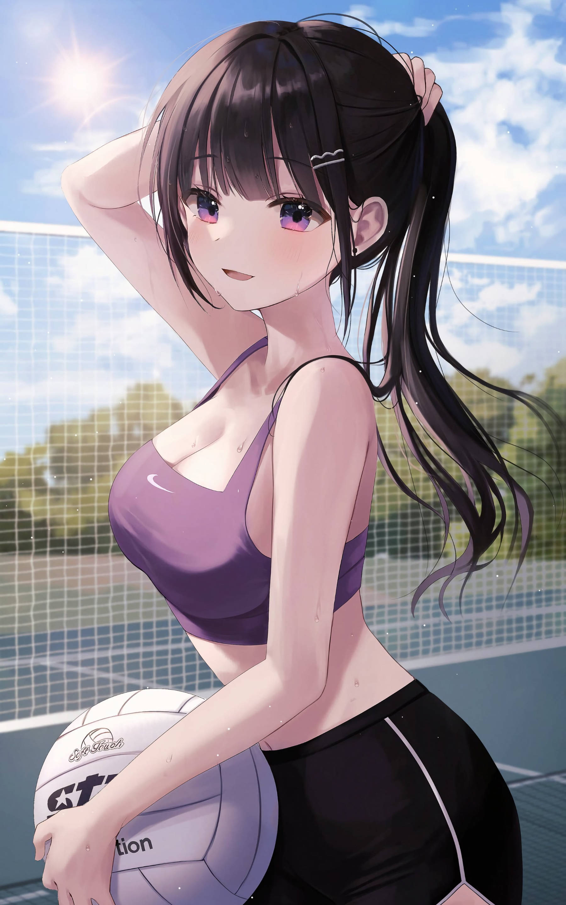 female ecchi volleyball player, dark hair, purple eyes, 2K Phone Wallpaper