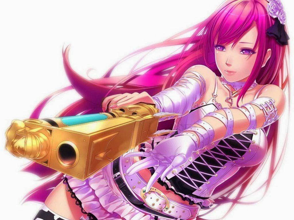 pink hair, golden futuristic gun, anime girl, SD Desktop Wallpaper