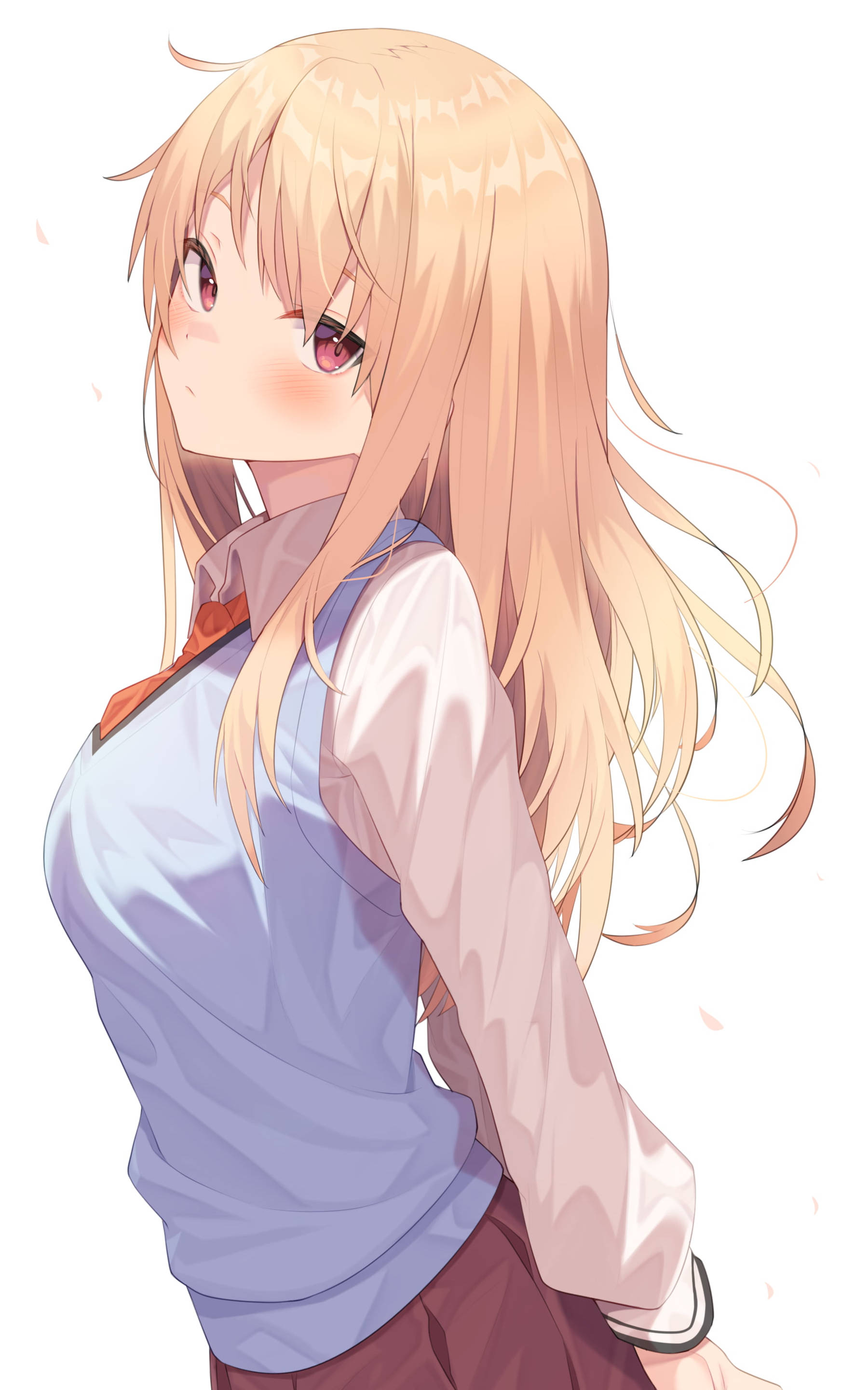 Shy Ecchi School Girl, long blonde hair, pink eyes, 2K Phone Wallpaper
