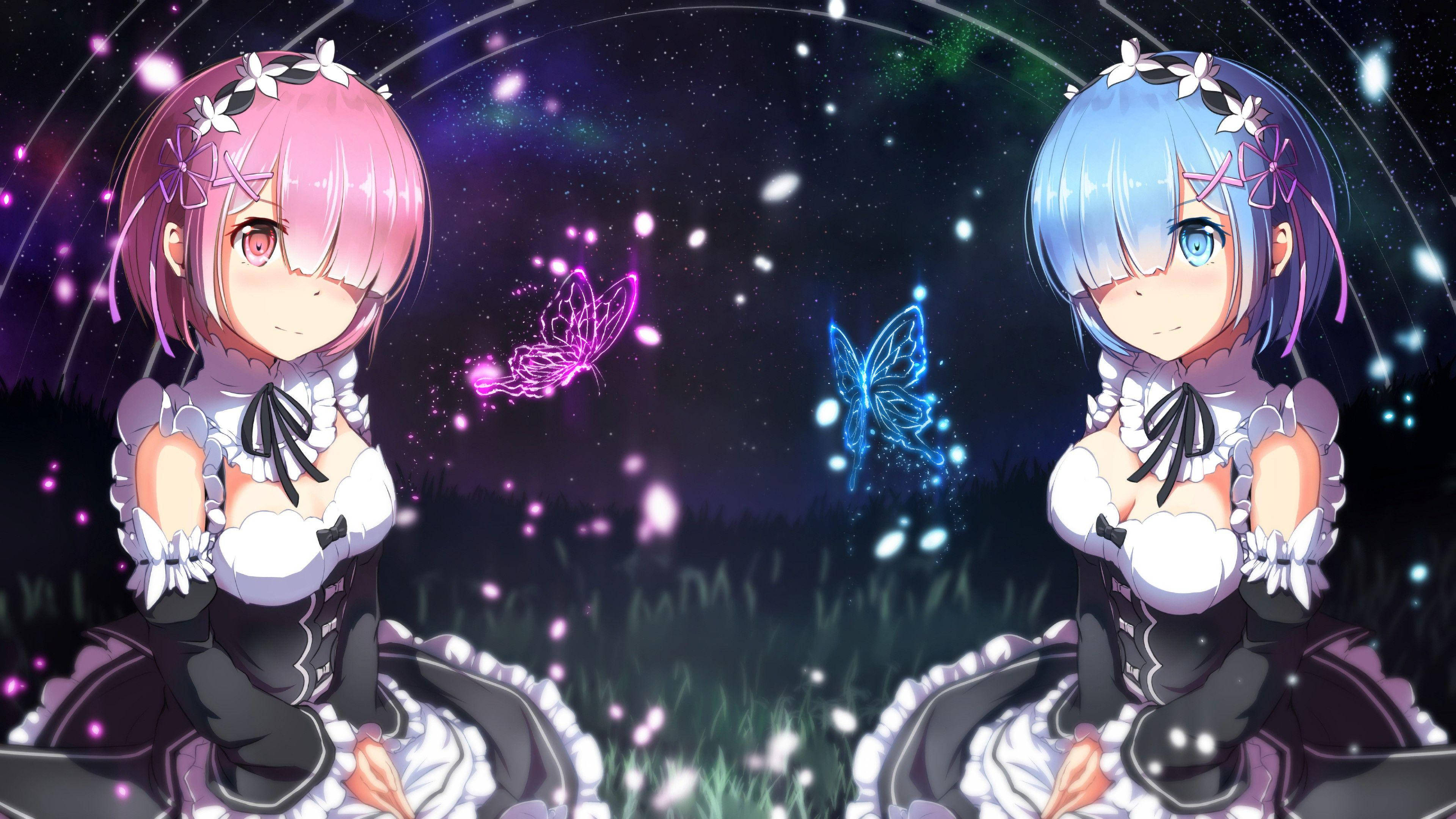 pink hair, blue hair, starry night field, 4K Desktop Wallpaper