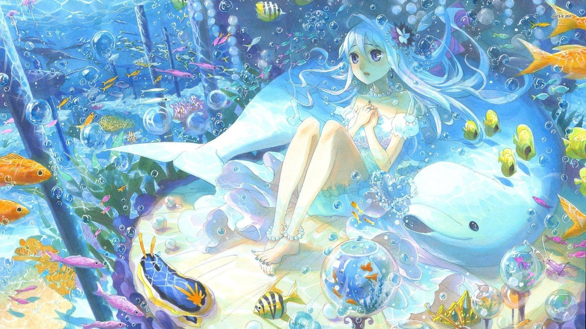 underwater, anime girl, flowing blue hair, Full HD Desktop Wallpaper