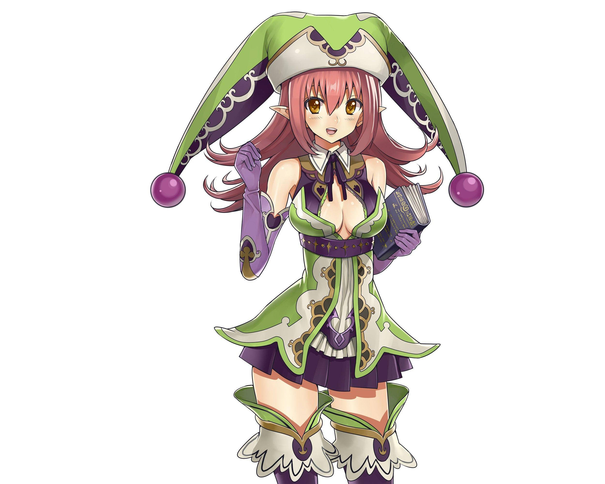 anime jester girl, pink hair, green hat, Full HD Desktop Wallpaper