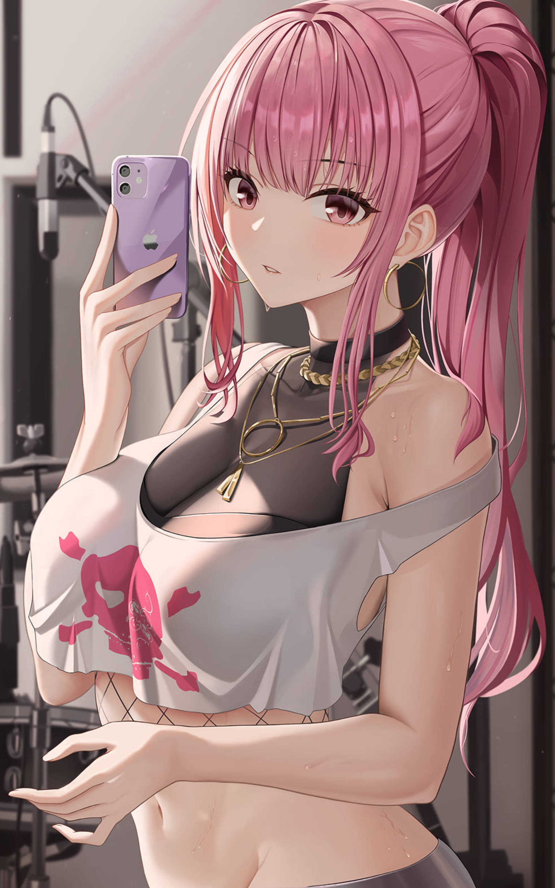 pink-haired anime girl, ponytail, studio, 2K Phone Wallpaper