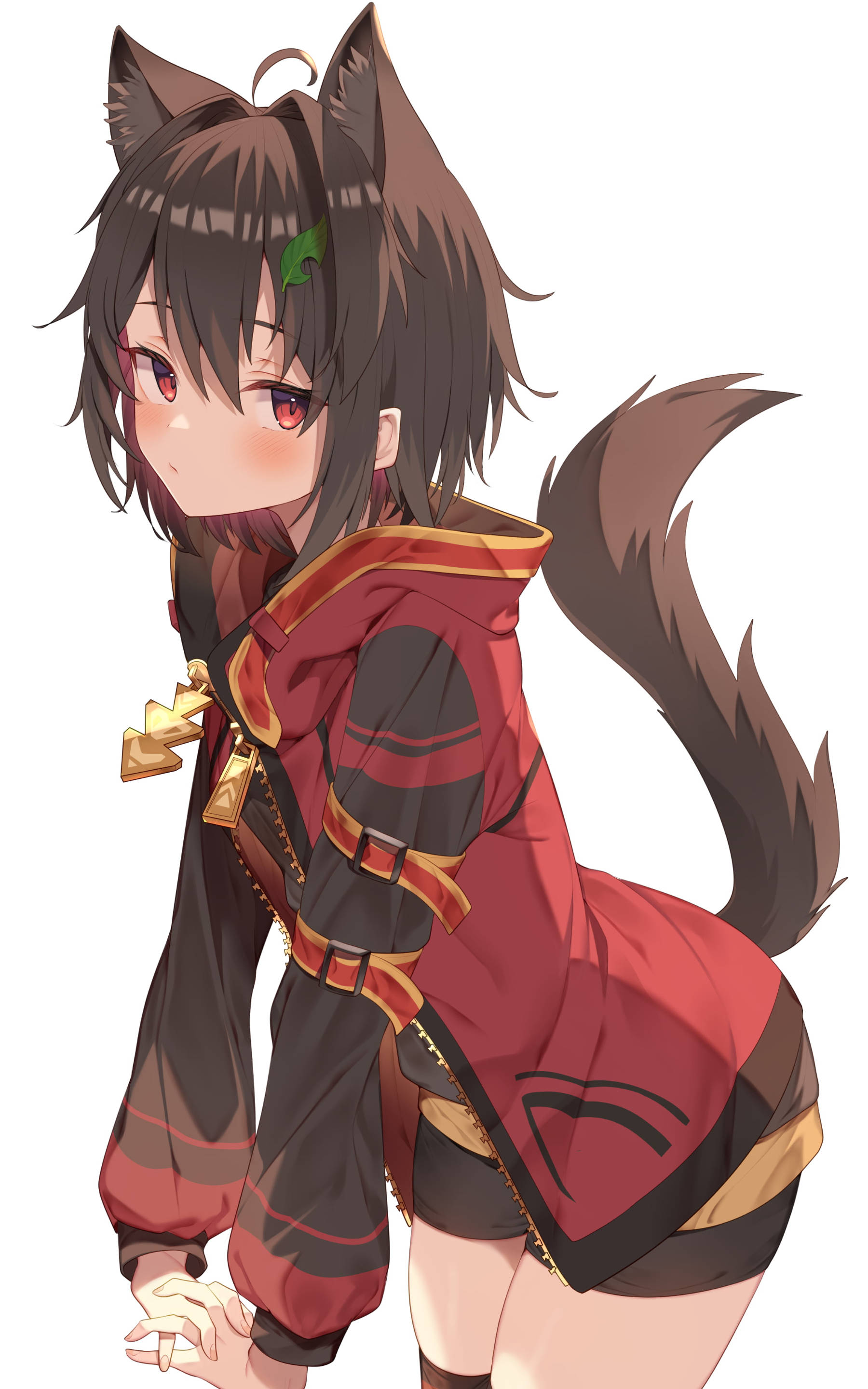 brown fox girl, red and black outfit, gold accents, 2K Phone Wallpaper