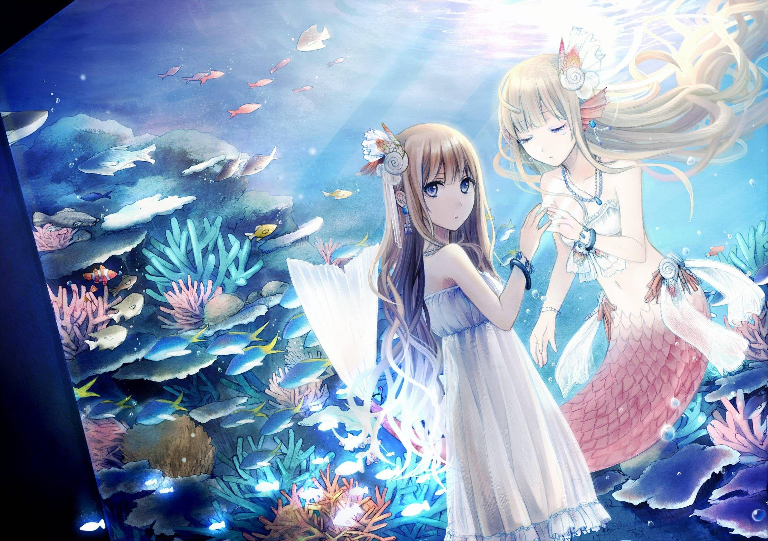 under the sea ecchi anime, mermaids, white gowns, Full HD Desktop Wallpaper