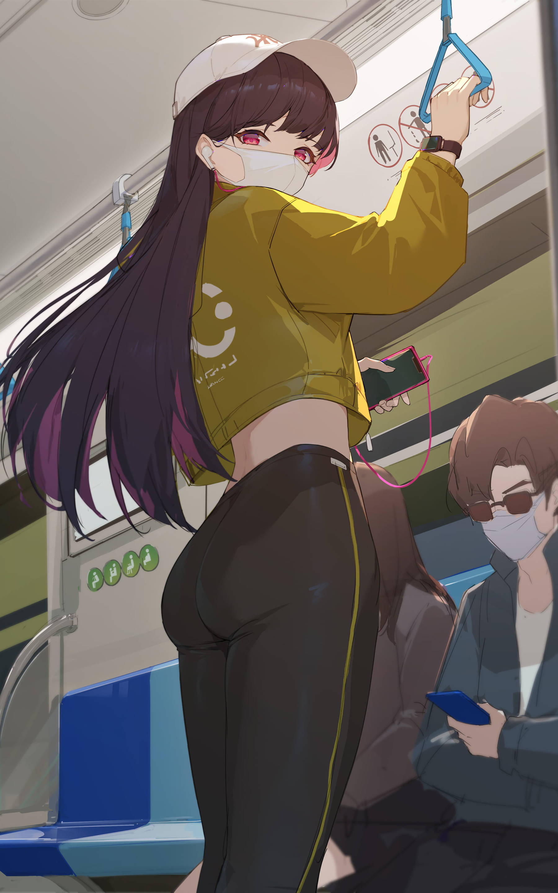 Ecchi On The Subway, masked anime girl, long dark hair, 2K Phone Wallpaper