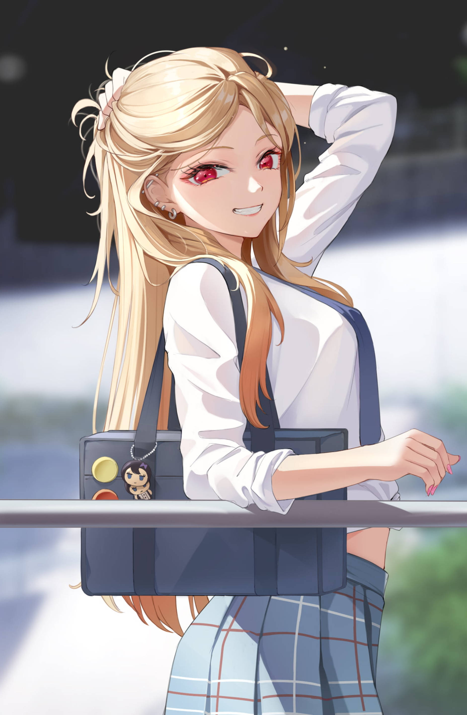 red-eyed, ecchi college girl, blonde hair, 2K Phone Wallpaper