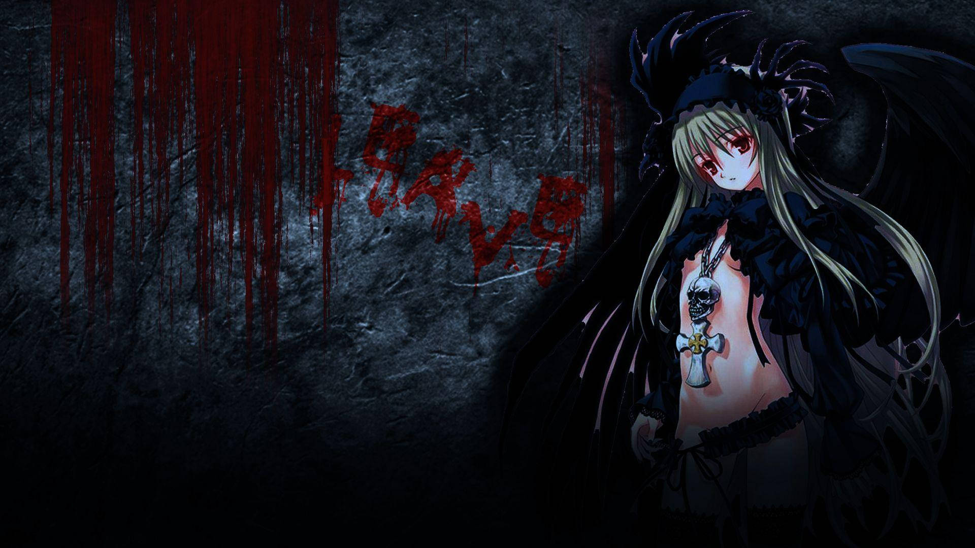 Bloody Ecchi Anime Girl, long blonde hair, red eyes, Full HD Desktop Wallpaper