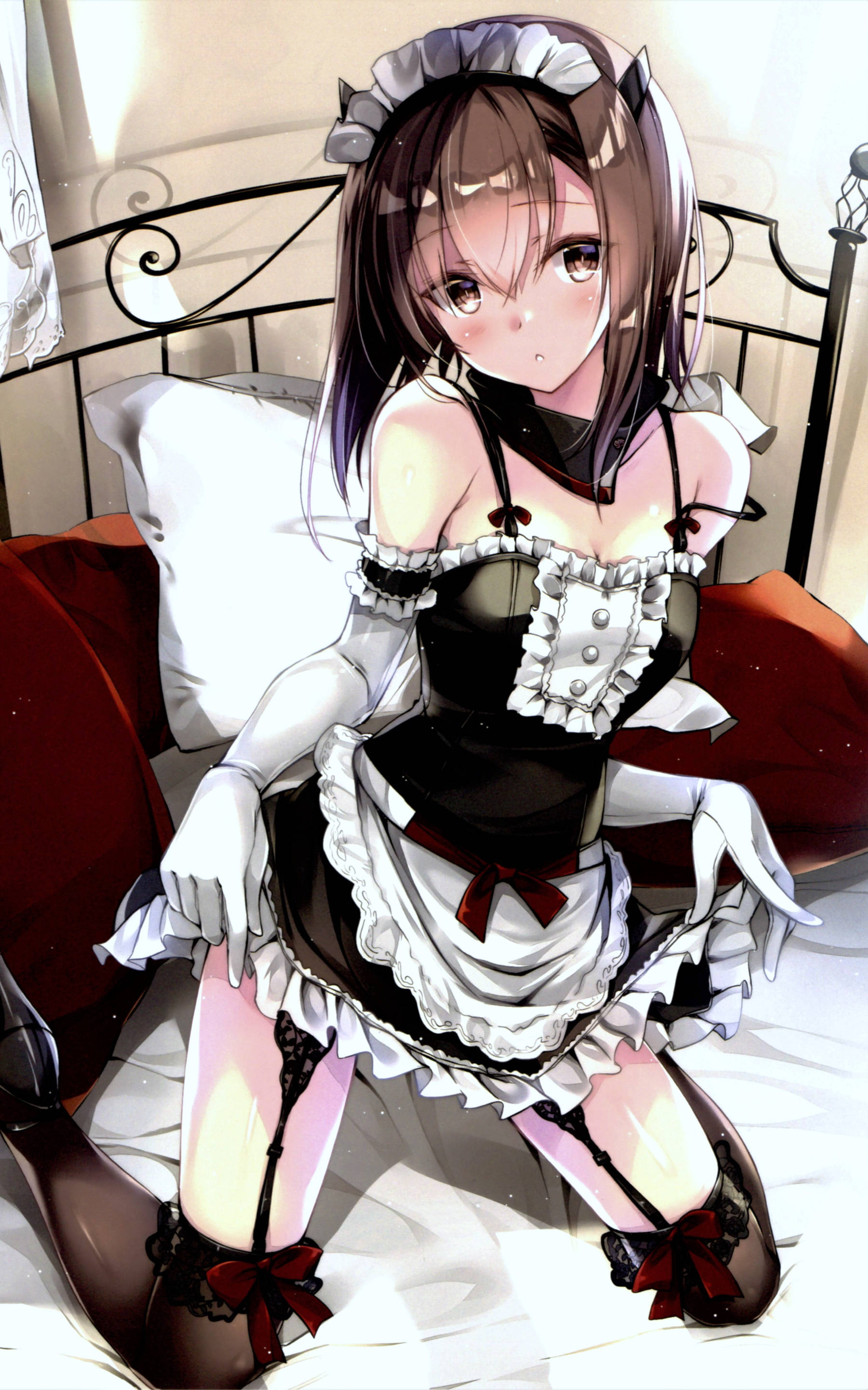 Housemaid Ecchi Girl, cat ears, black and white frilly outfit, 2K Phone Wallpaper