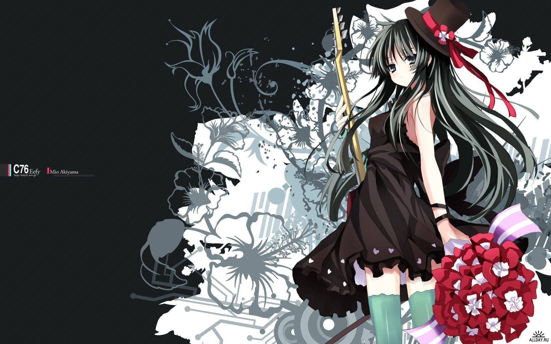 Anime girl, long dark hair, top hat, Full HD Desktop Wallpaper
