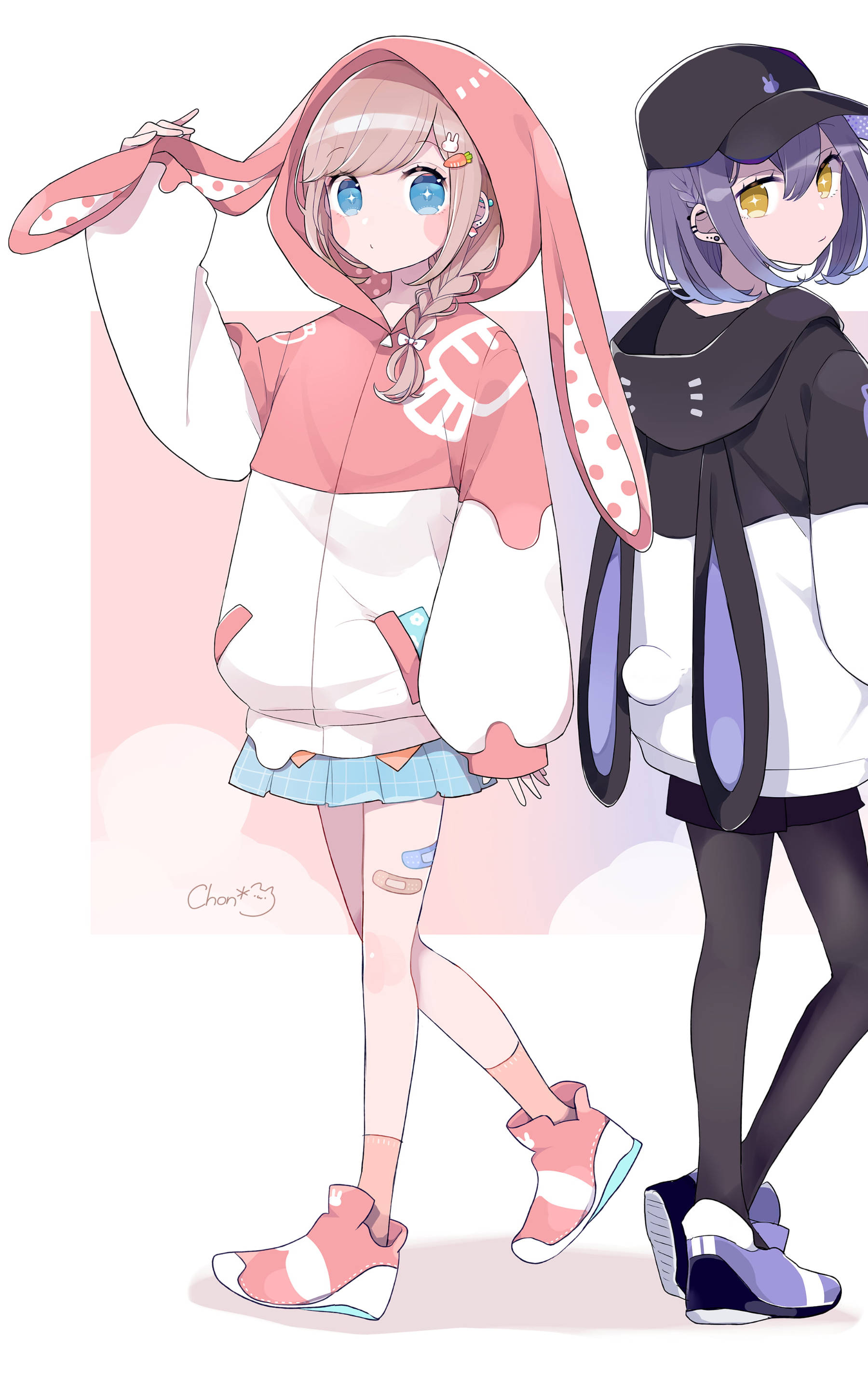 red and violet ecchi girls, bunny hoodies, pink, 2K Phone Wallpaper