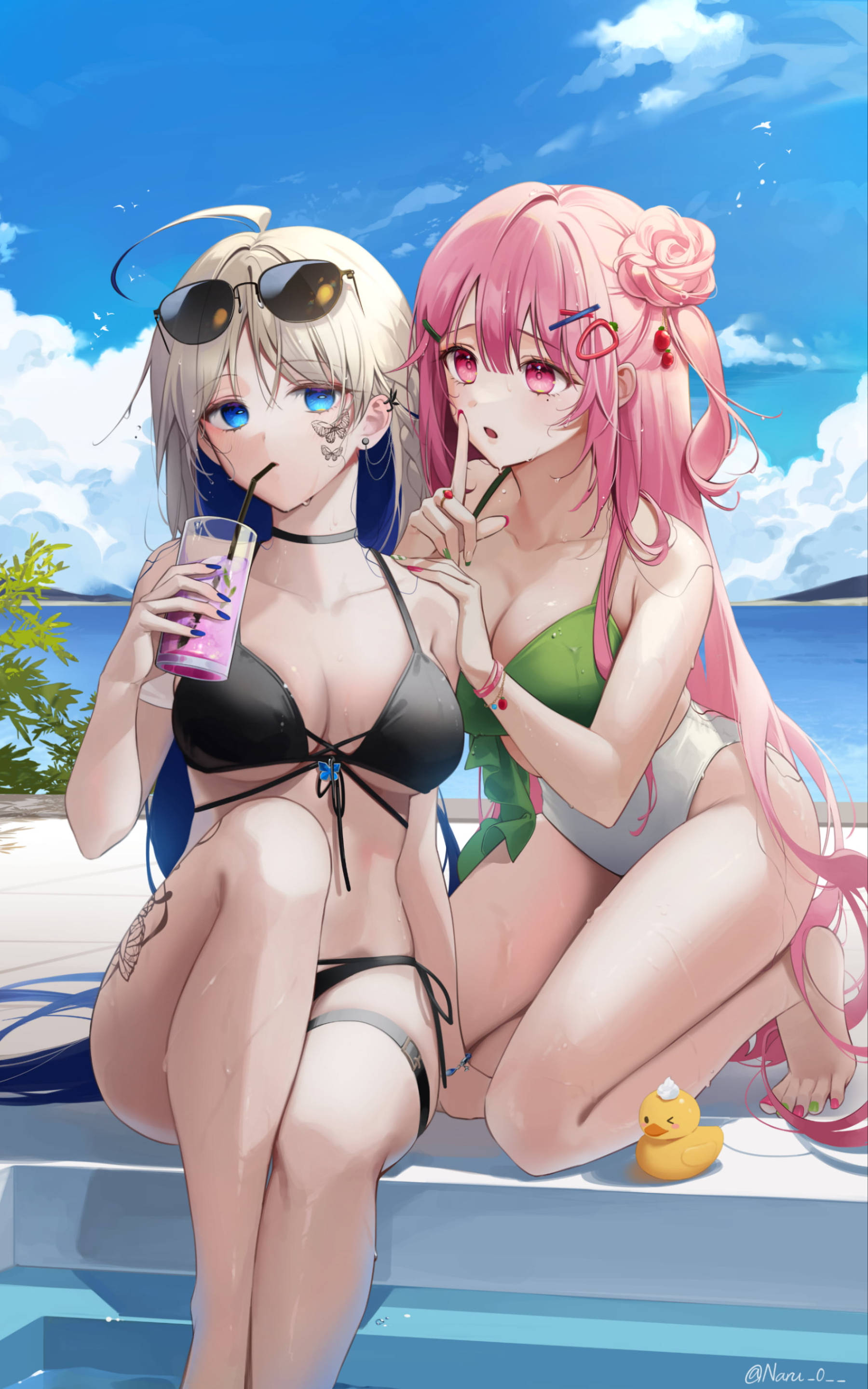 Two Ecchi Girls On Vacation, bikinis, pool, 2K Phone Wallpaper